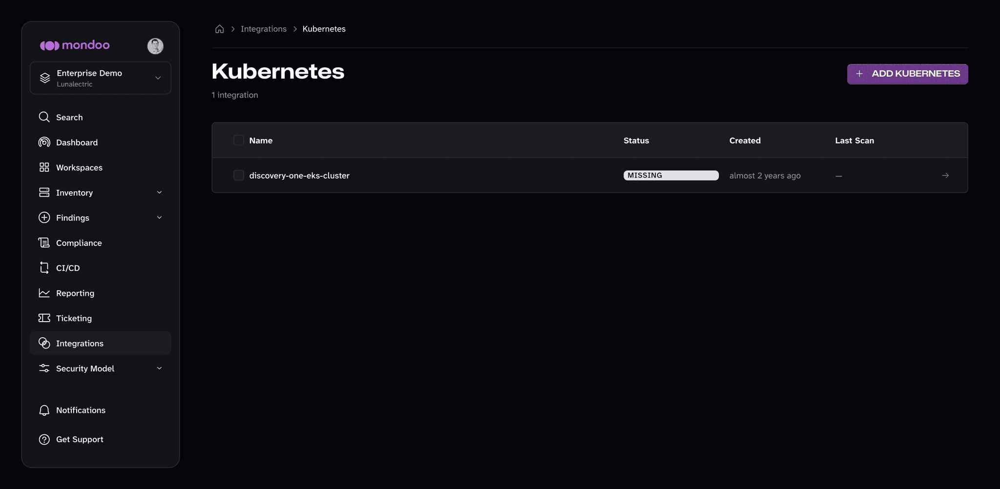 List of Kubernetes integrations in a space, with name, status, created, and last scan columns