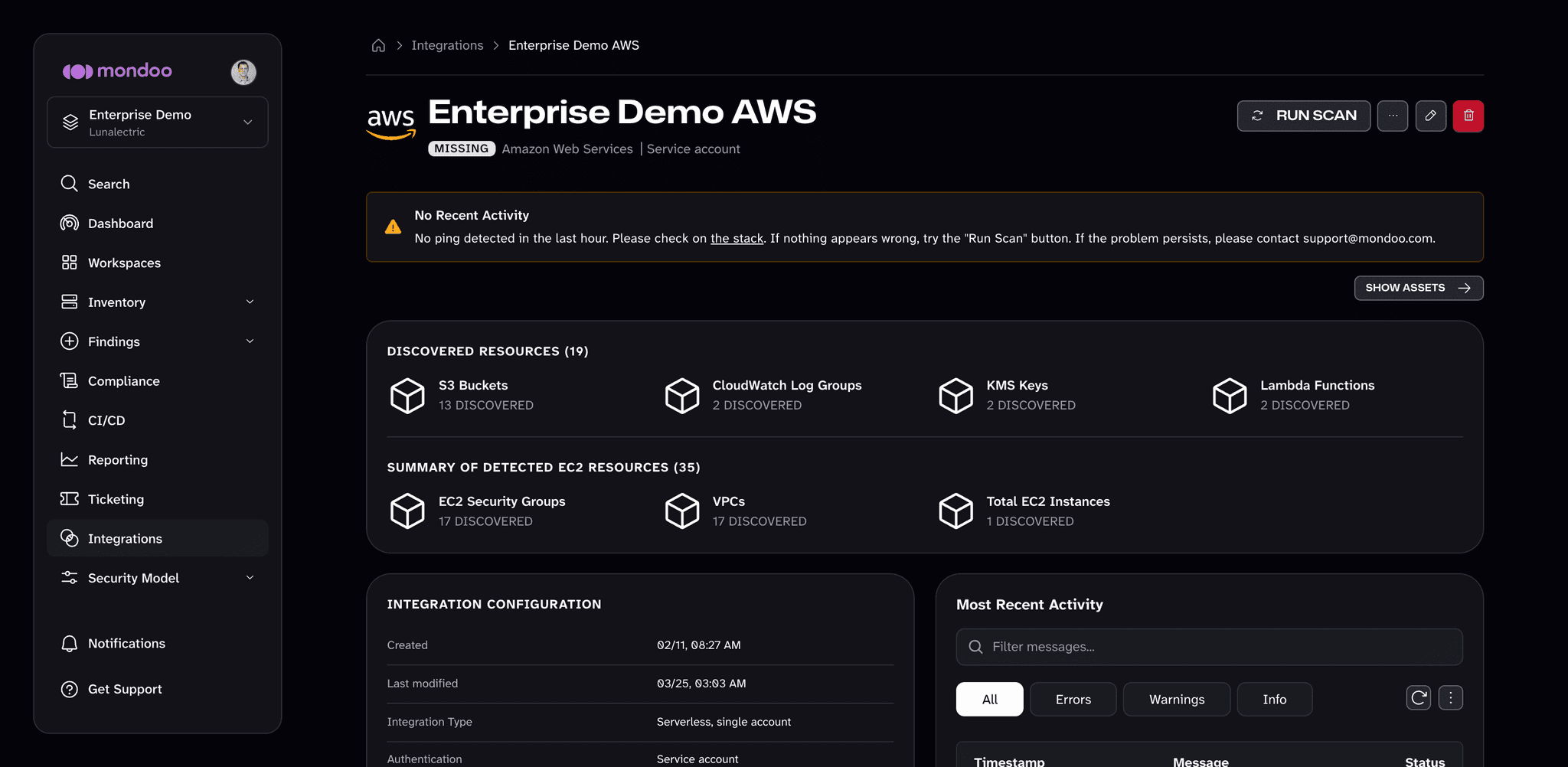 Serverless AWS integration page in Mondoo, showing the status, discovered resources, and summary of detected EC2 resources