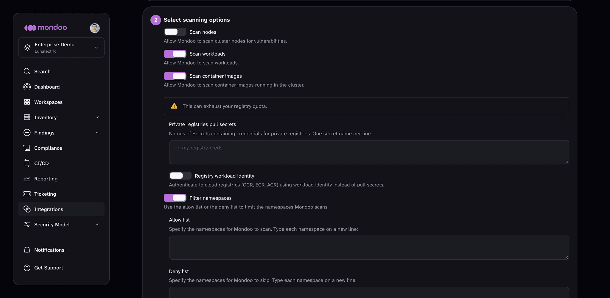 Scanning options in the Kubernetes integration form, with container image scanning and namespace filtering turned on