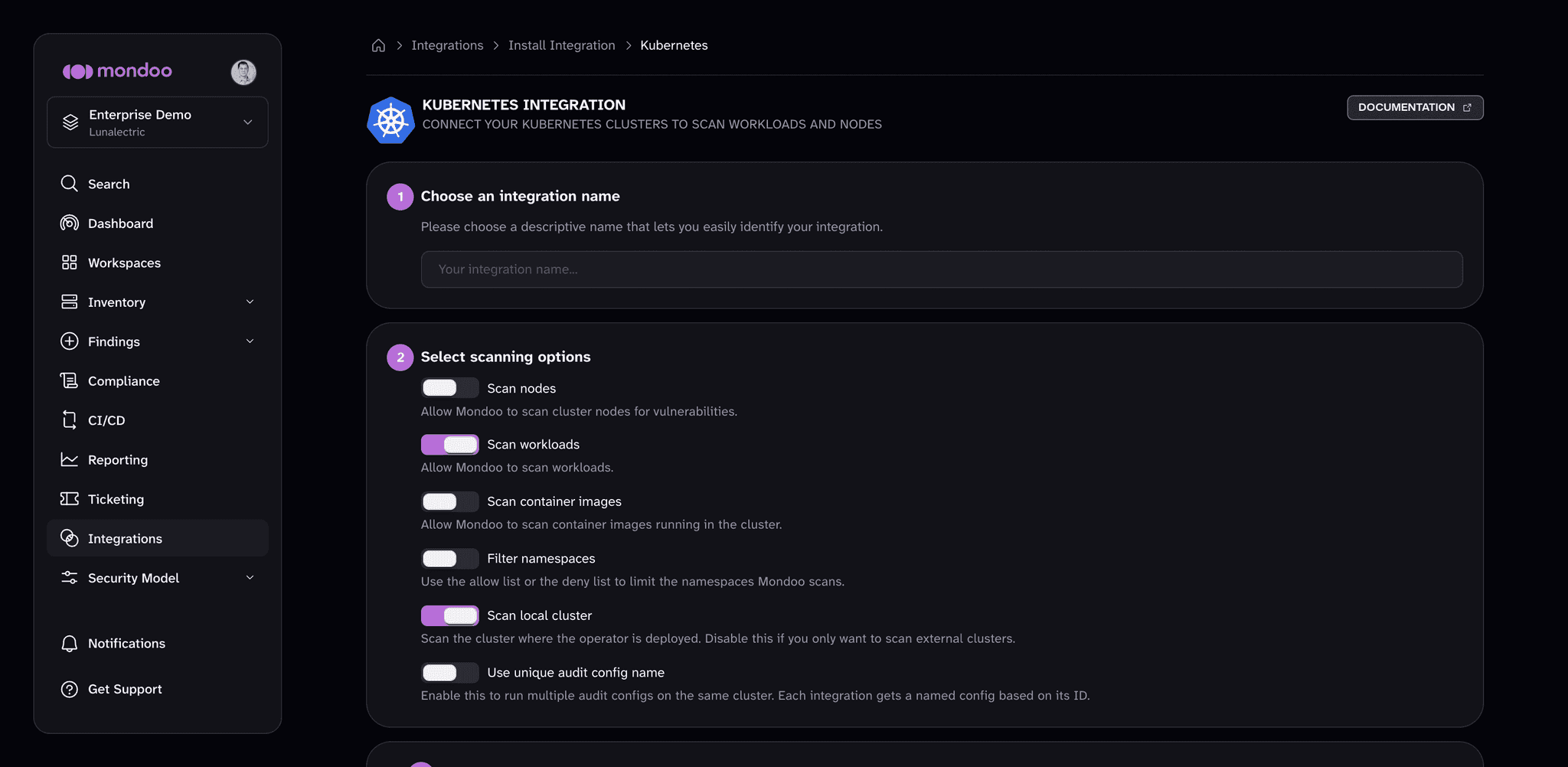 Kubernetes integration form with the integration name, scanning options, advanced options, and external clusters steps