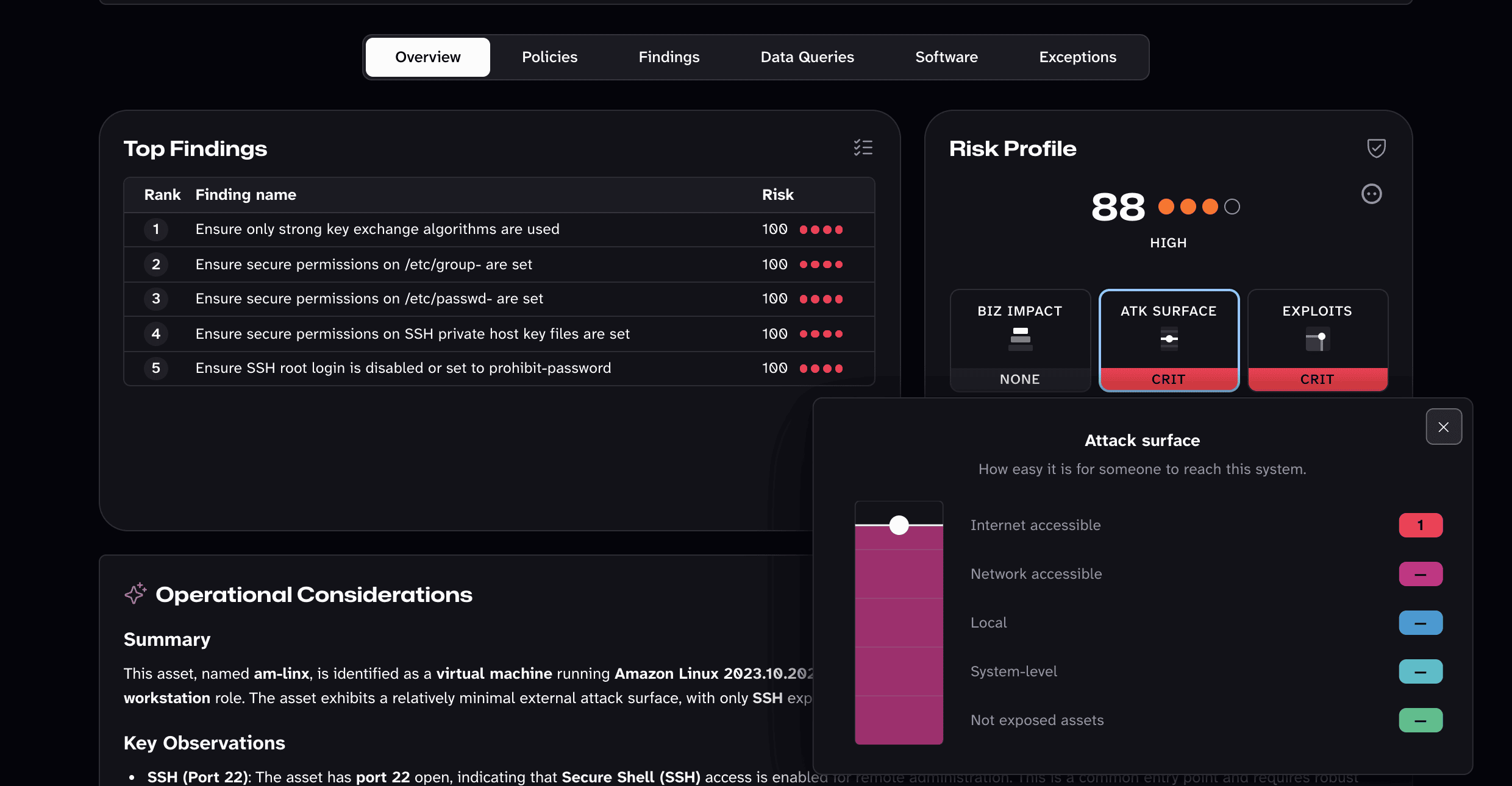 A Linux asset showing internet-facing attack surface classification
