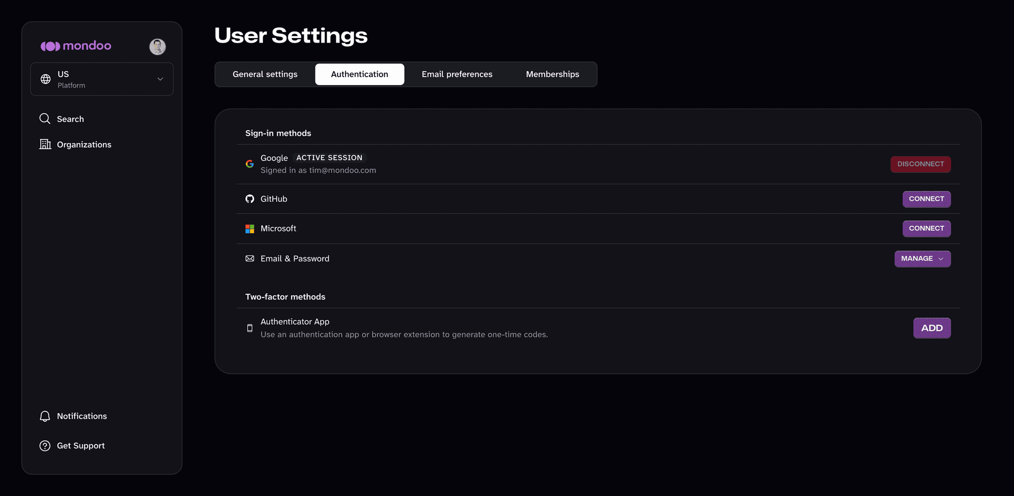 The Authentication tab of User Settings, with Google, GitHub, Microsoft, and Email & Password sign-in methods and an Authenticator App two-factor method