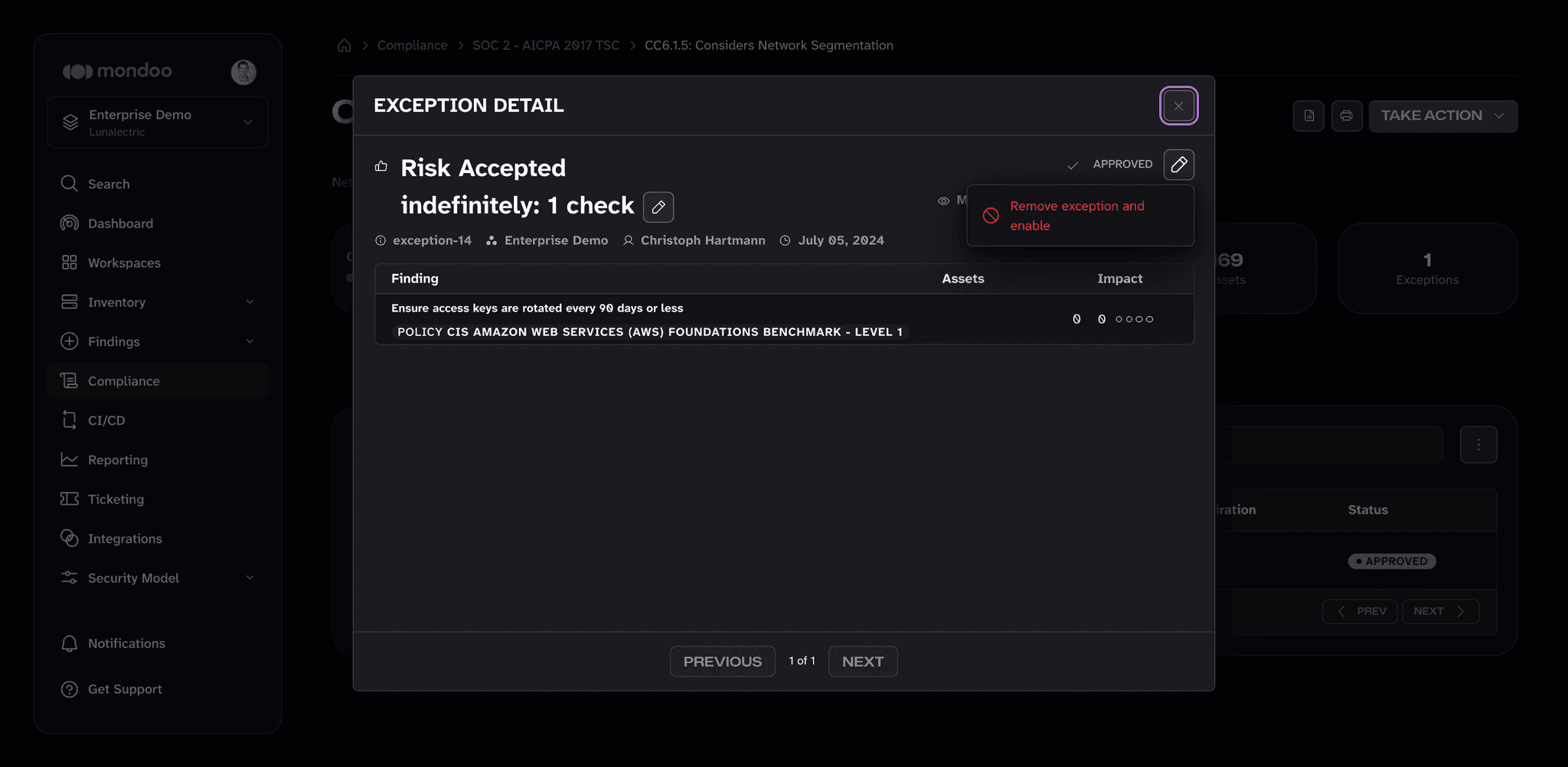 The Modify exception menu on an approved exception with Remove exception and enable