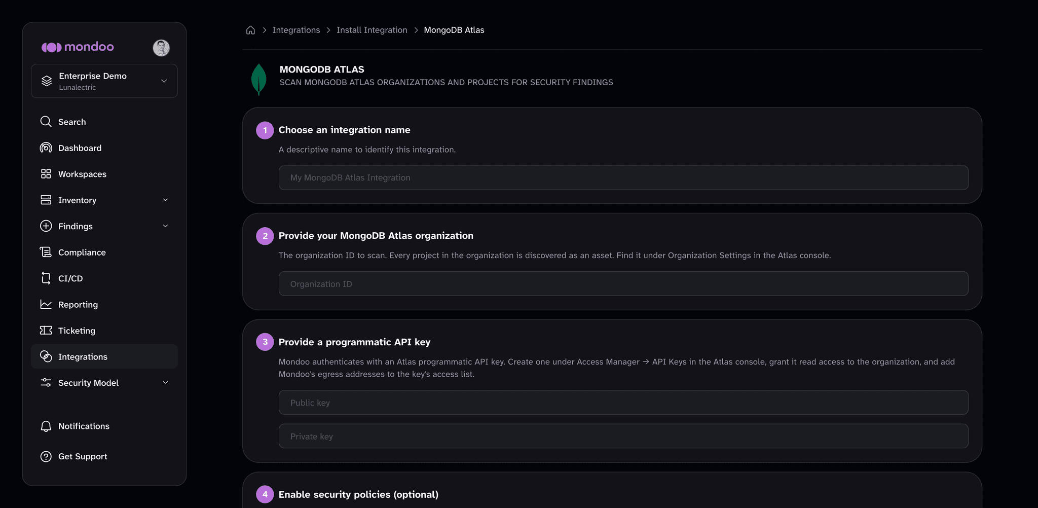 Add a MongoDB Atlas integration in Mondoo