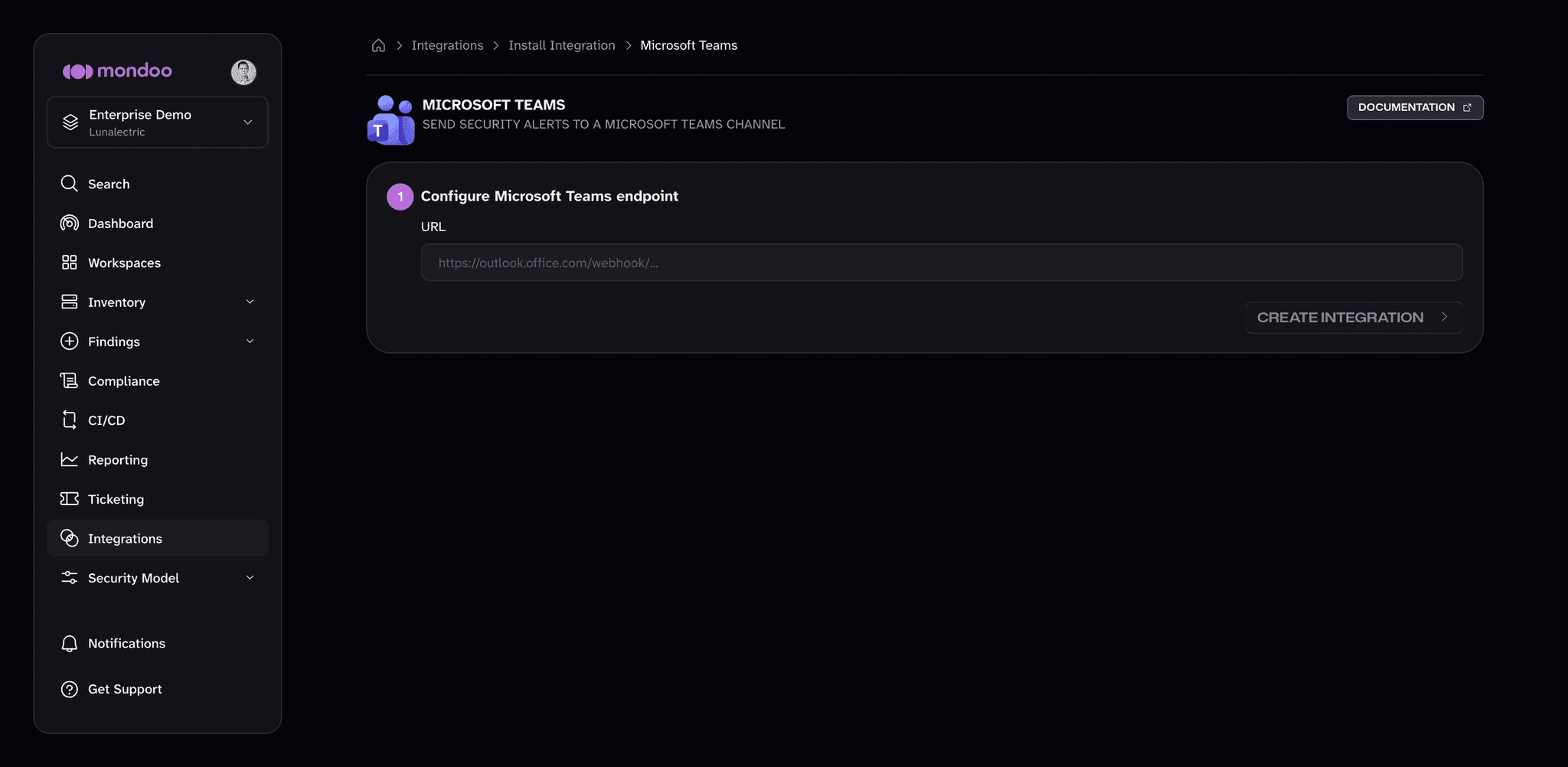 The Microsoft Teams setup page in Mondoo, with a URL box for the Teams workflow URL and a Create Integration button