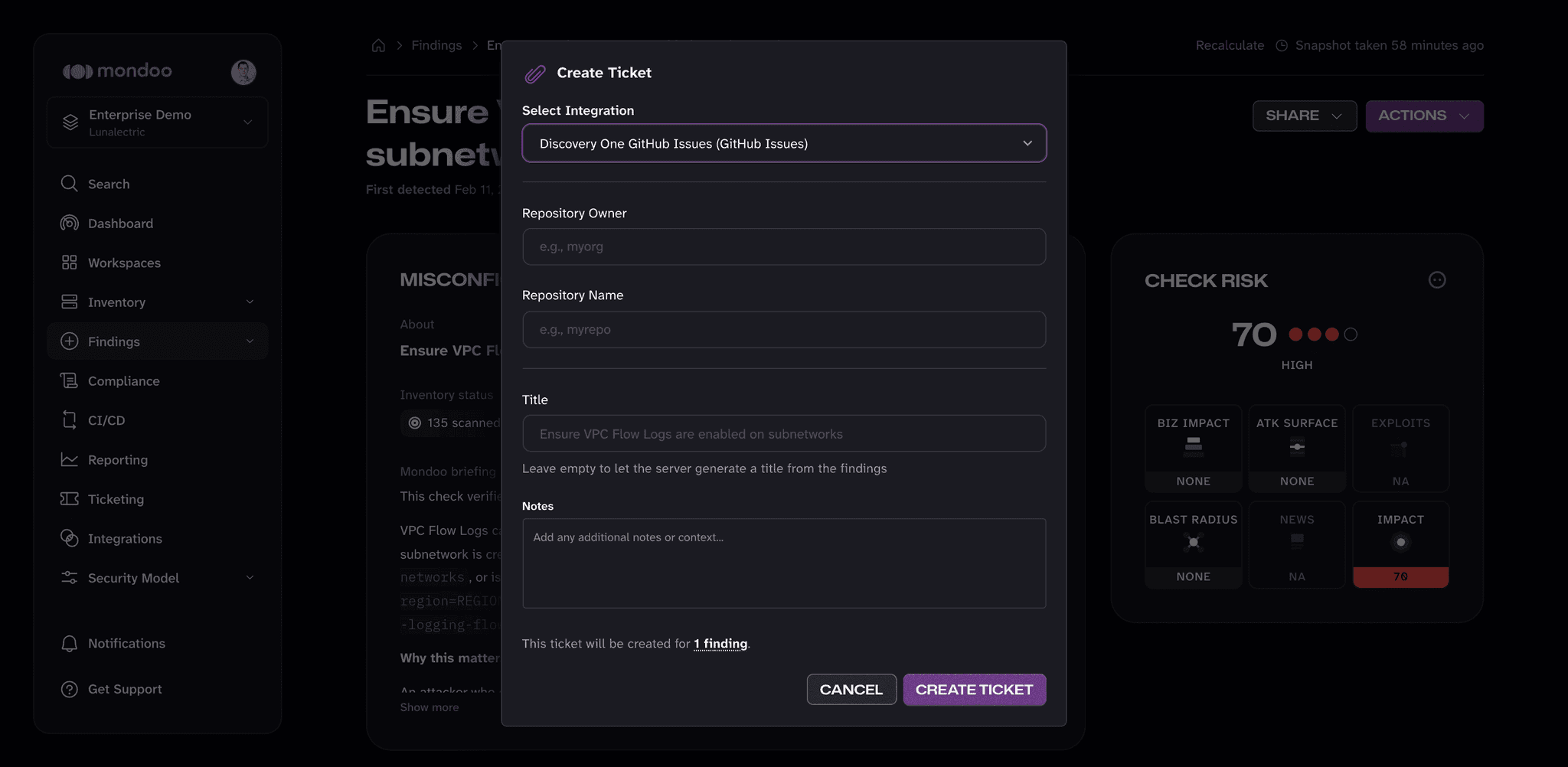 The Create Ticket dialog in the Mondoo App for a GitHub Issues integration, with repository owner, repository name, title, and notes fields