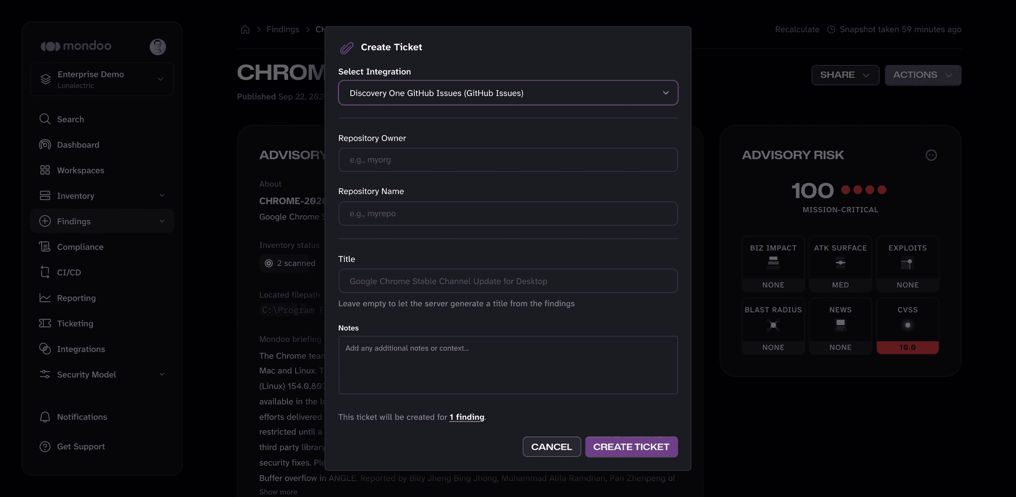 The Create Ticket dialog in the Mondoo App for a GitHub Issues integration, with repository owner, repository name, title, and notes fields