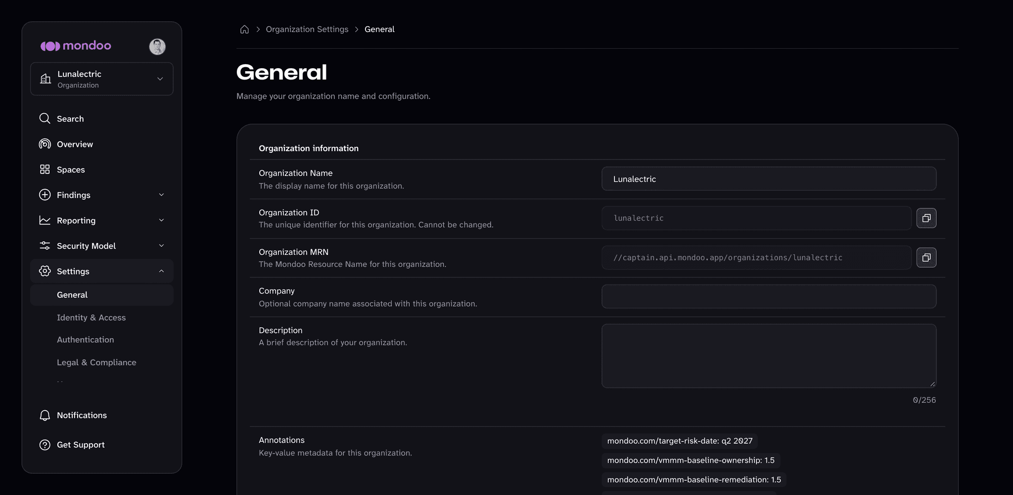 Organization General settings in the Mondoo App, showing the Organization ID field