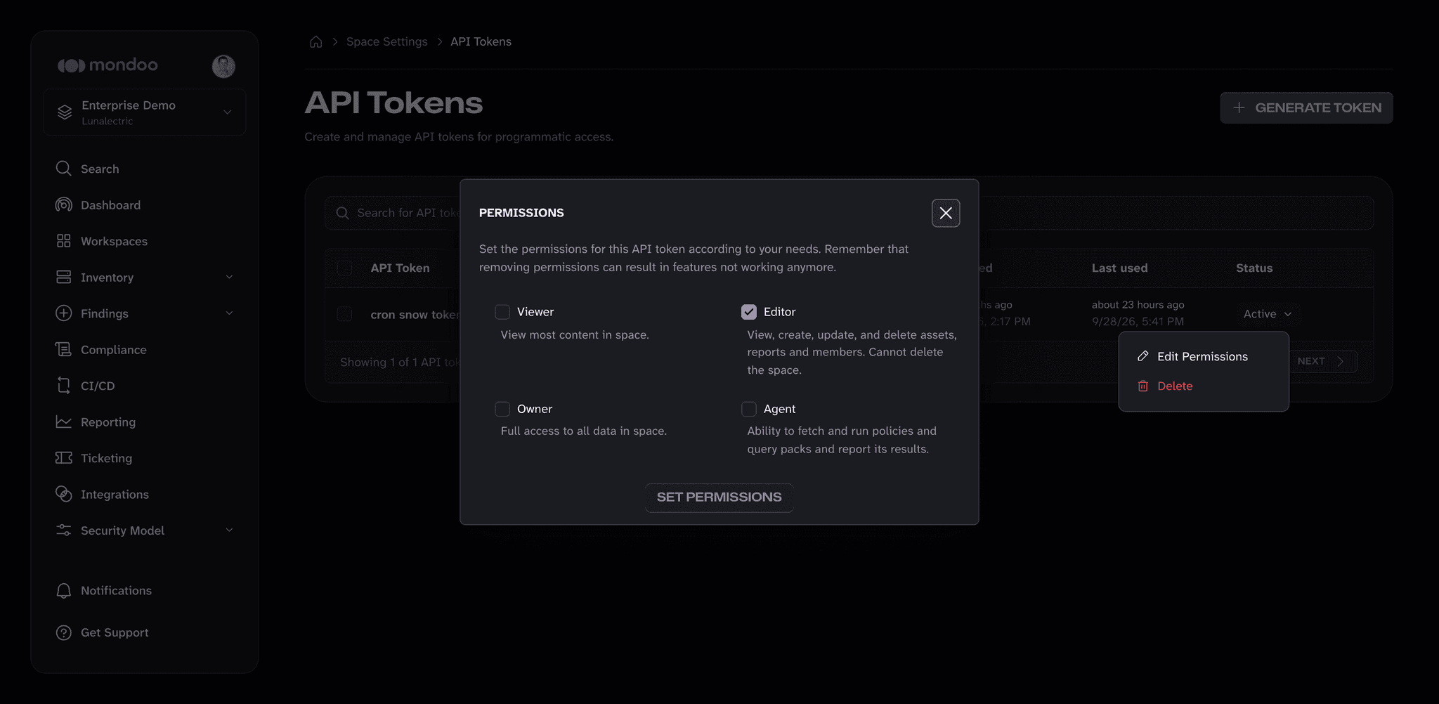 The Permissions dialog for an API token, with Viewer, Editor, Owner, and Agent checkboxes