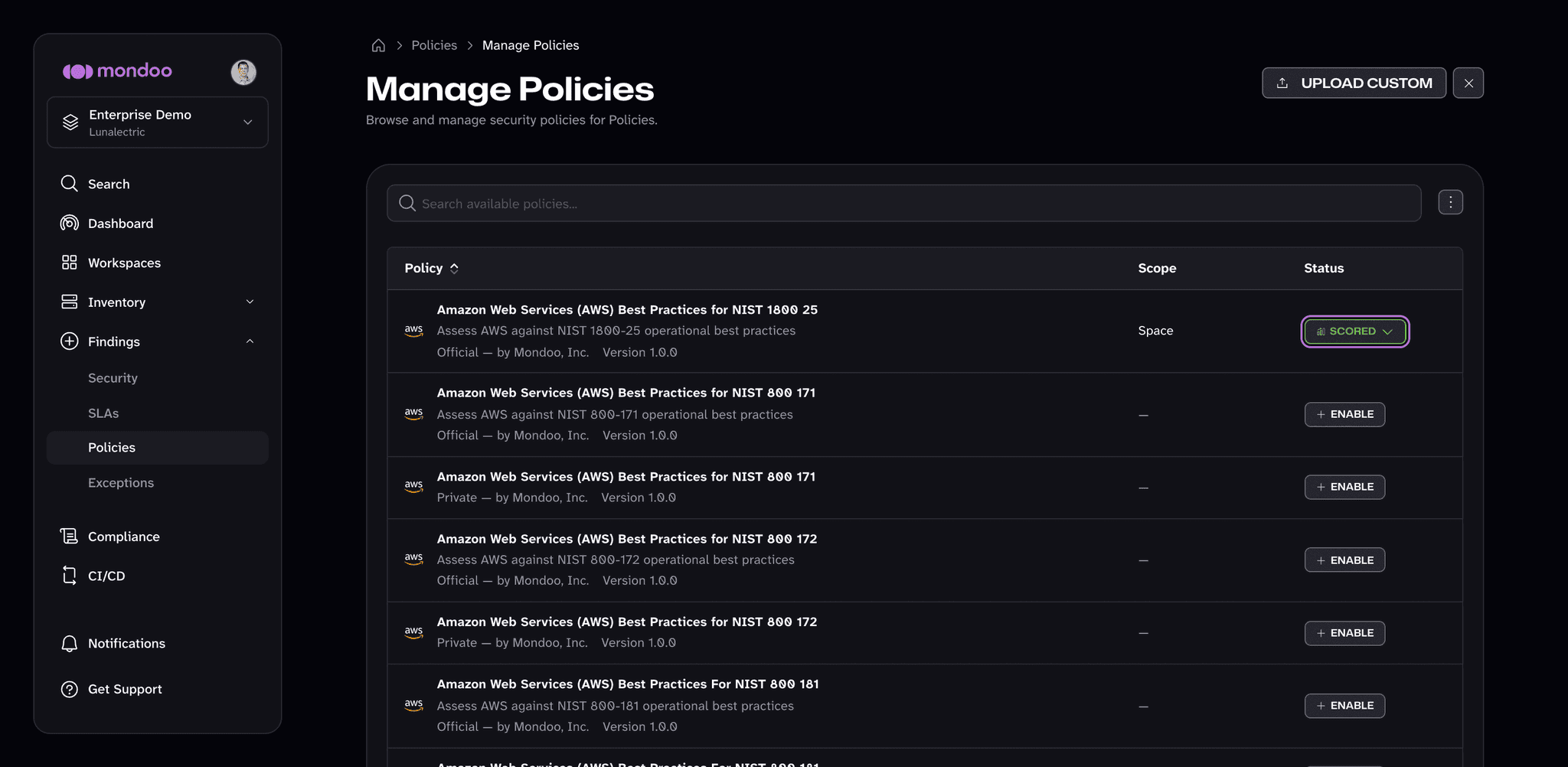 The Manage Policies page in the Mondoo App