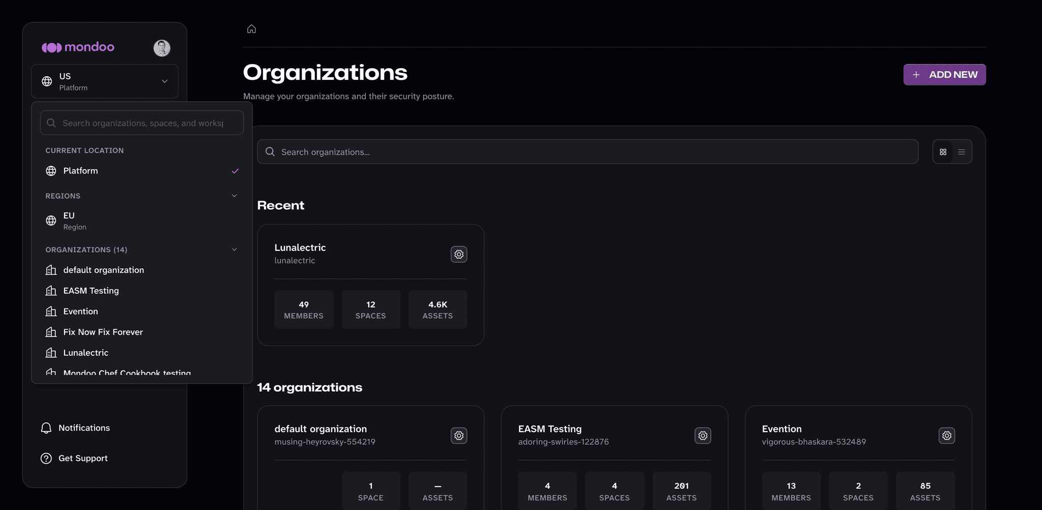 The scope switcher at the platform level, showing the EU region under Regions and the organizations in the US region