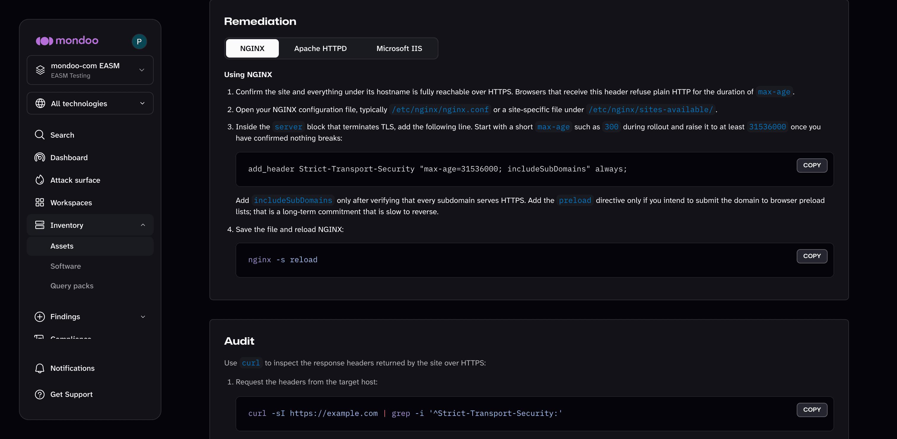 The remediation for a failed HSTS check, with a tab per web server and Copy buttons