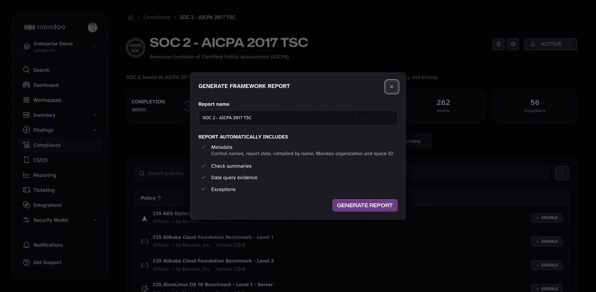 The Generate Framework Report dialog with a report name field