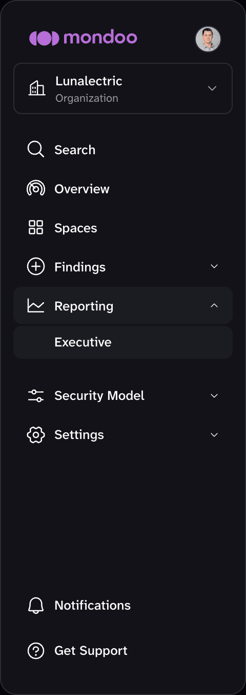 Mondoo organization side navigation with Reporting expanded and Executive selected