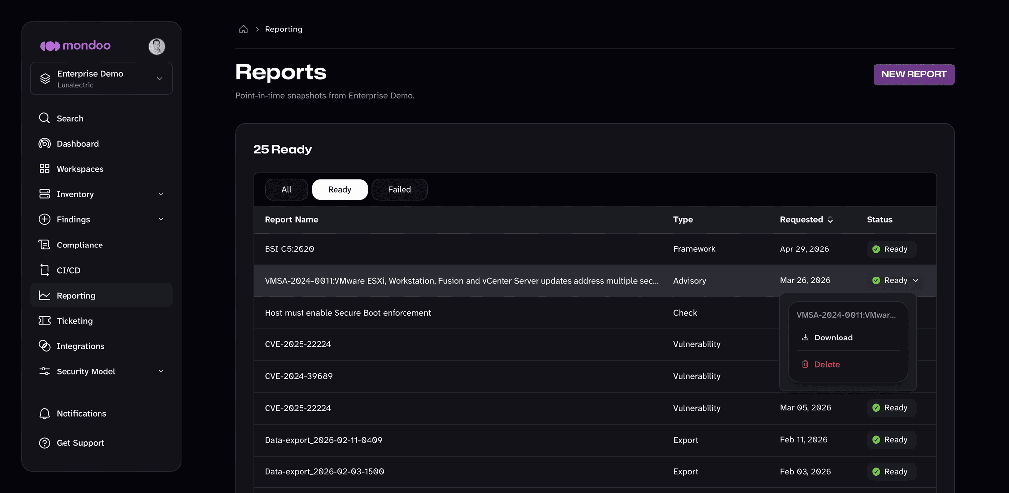 The Reports page filtered to Ready reports, with a report's status menu open showing Download and Delete