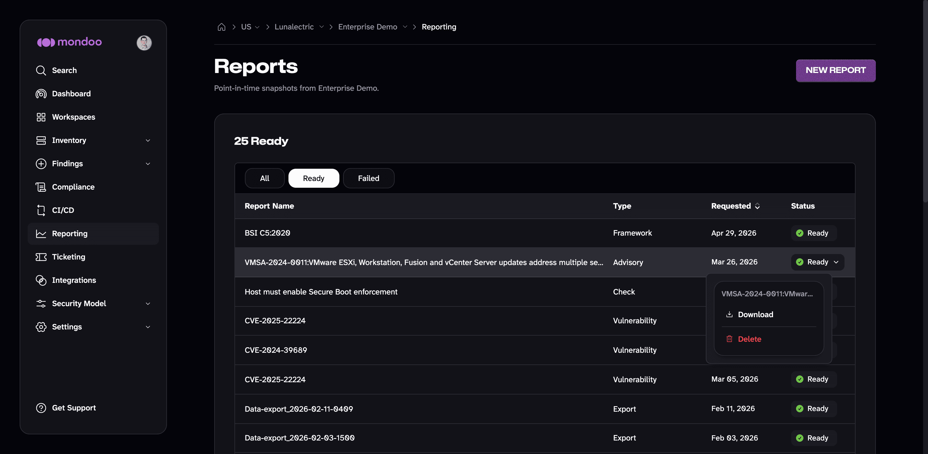 Reports list in Mondoo