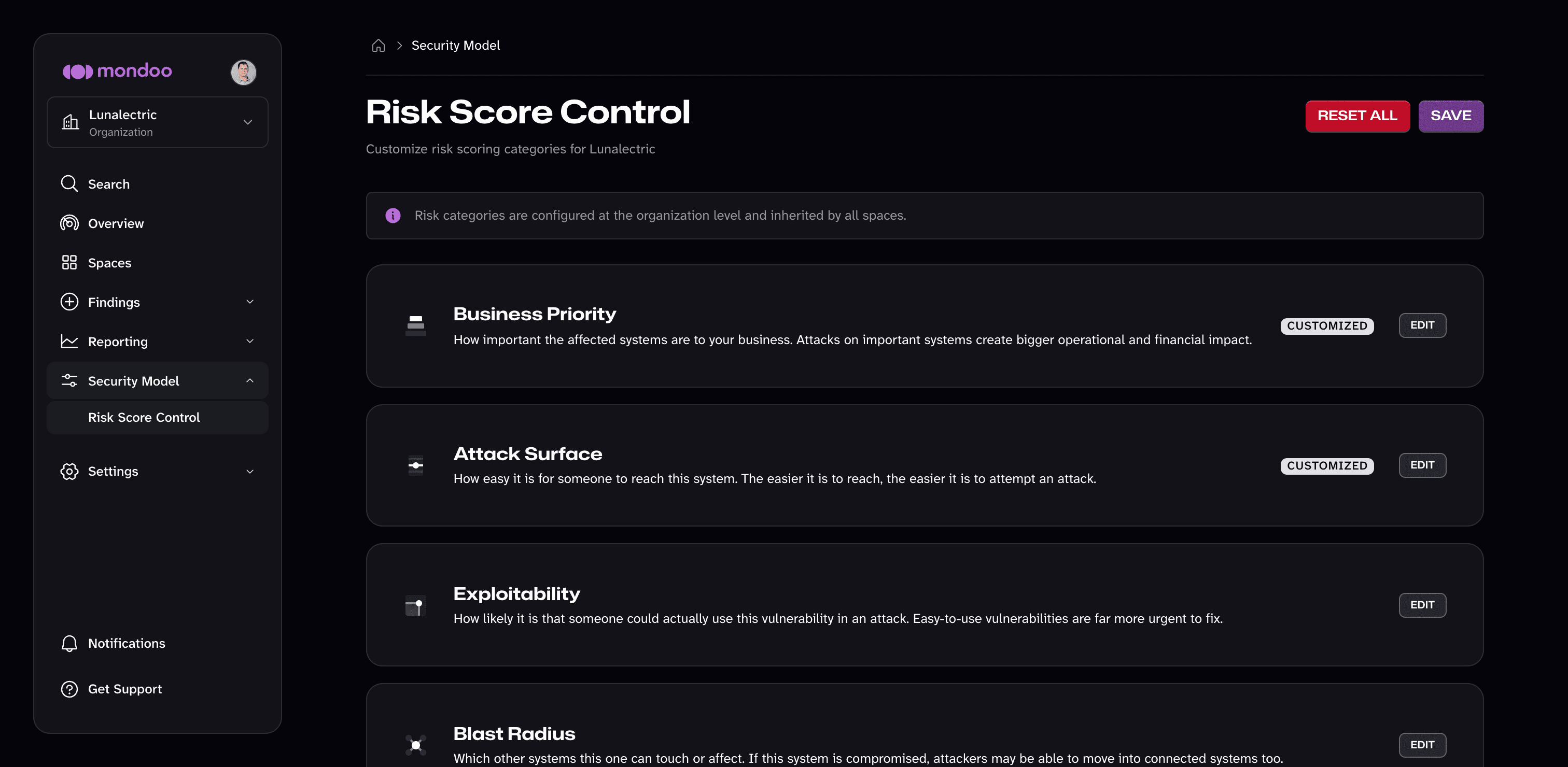 Risk Score Control, where you configure risk categories in the Mondoo App