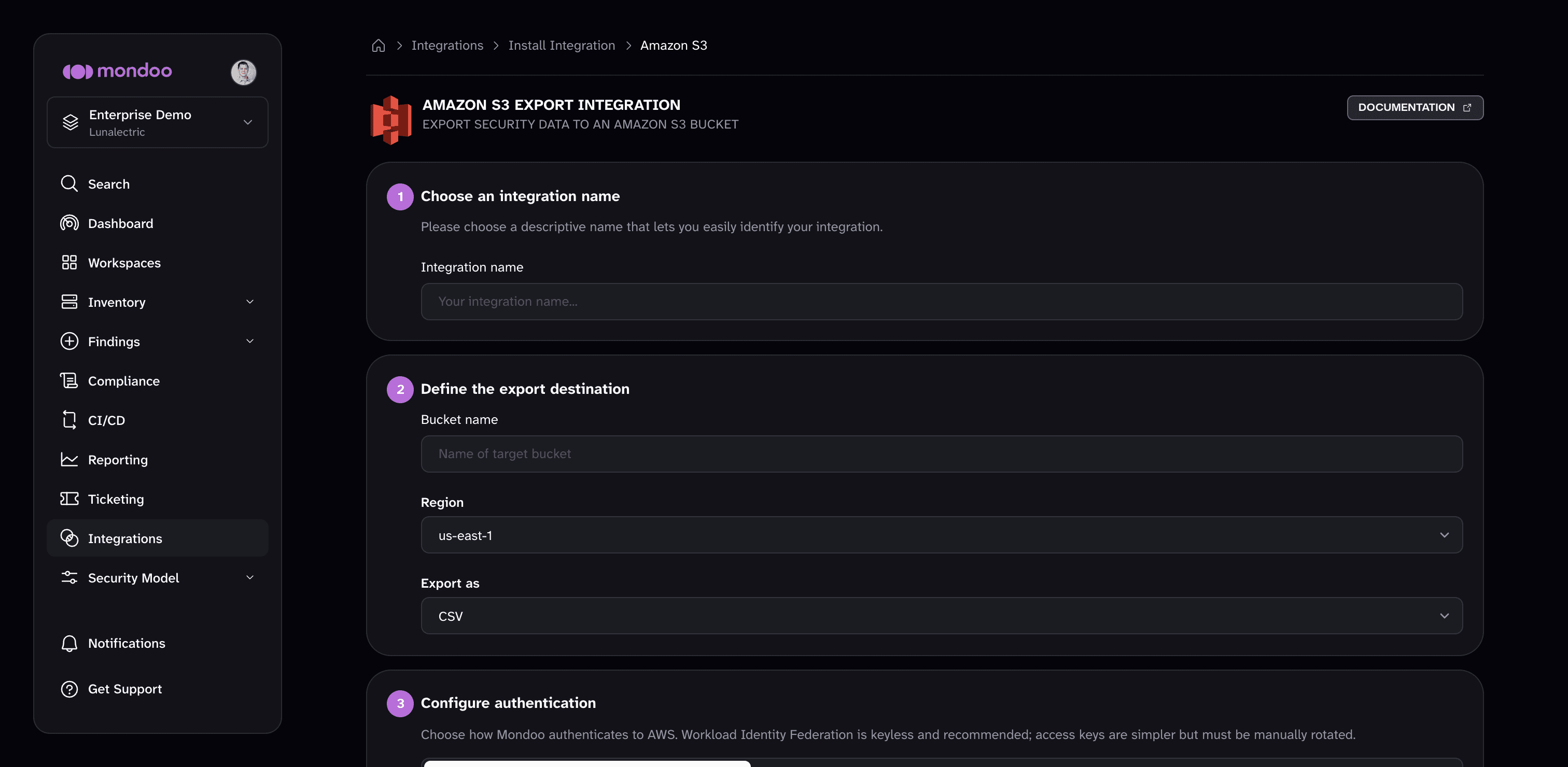 The Amazon S3 export integration form in Mondoo, with the Integration name, Bucket name, Region, and Export as fields
