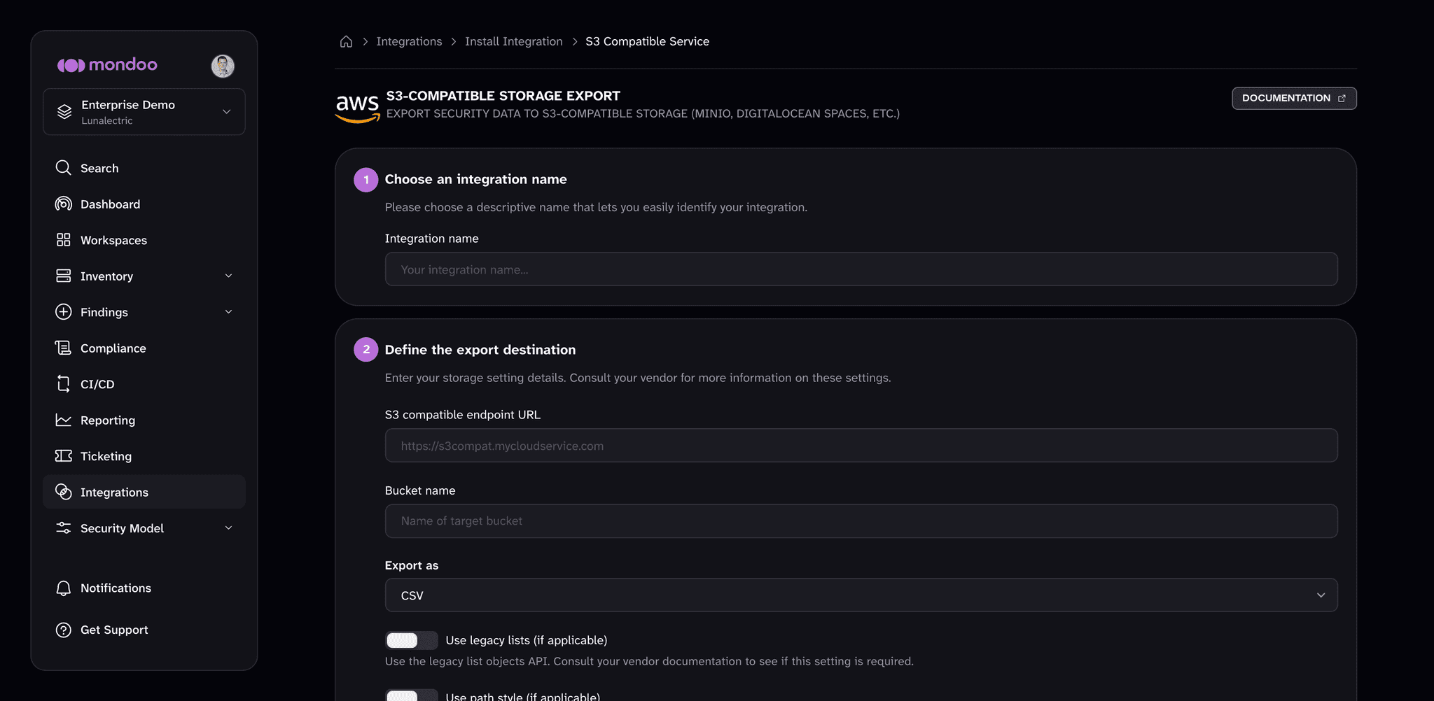 The S3 Compatible Service export integration form in Mondoo, with the Integration name, S3 compatible endpoint URL, Bucket name, and Export as fields