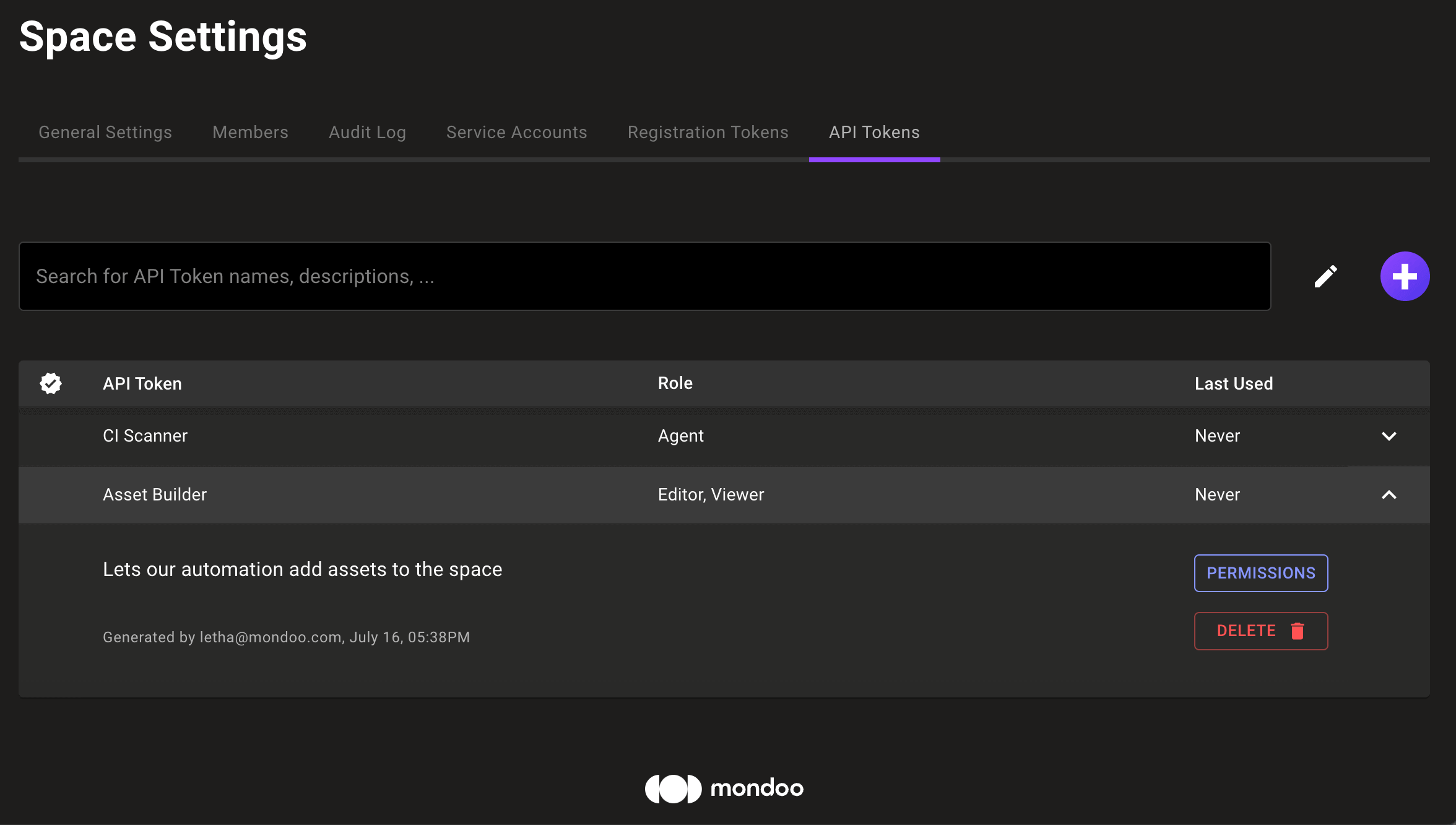 Manage API tokens