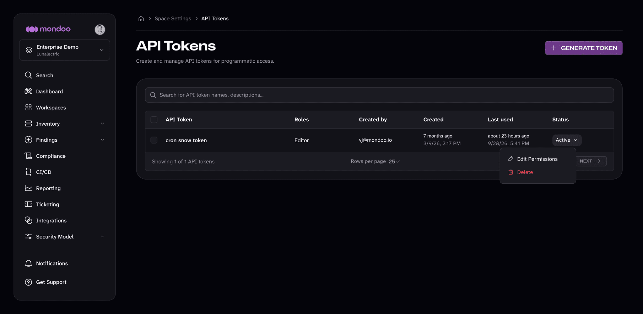 The API Tokens page with a token's status menu open, showing Edit Permissions and Delete