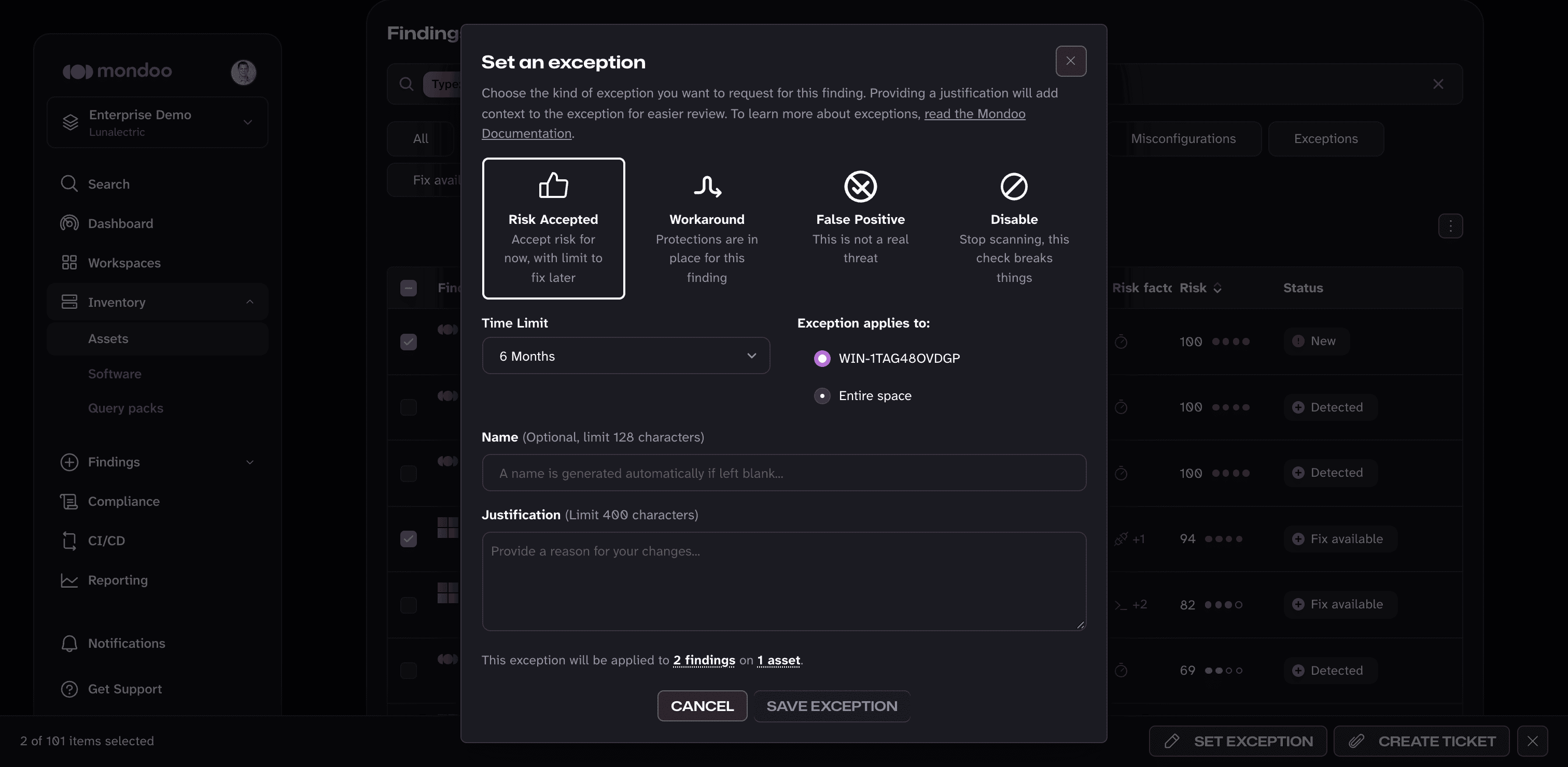 Set an exception dialog in the Mondoo App, showing the four exception types, Time Limit, Exception applies to, Name, and Justification fields