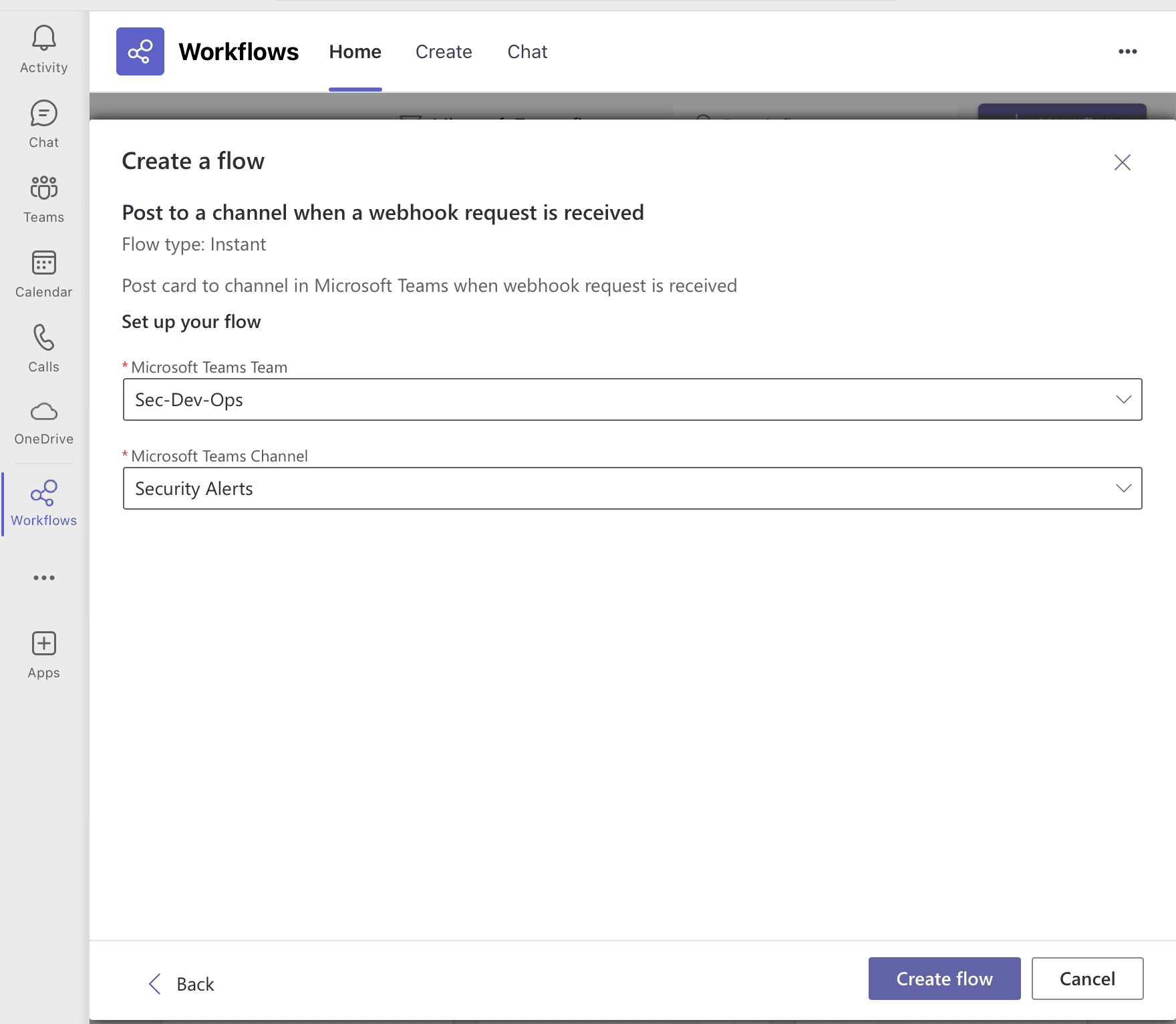 Configure a new flow Teams