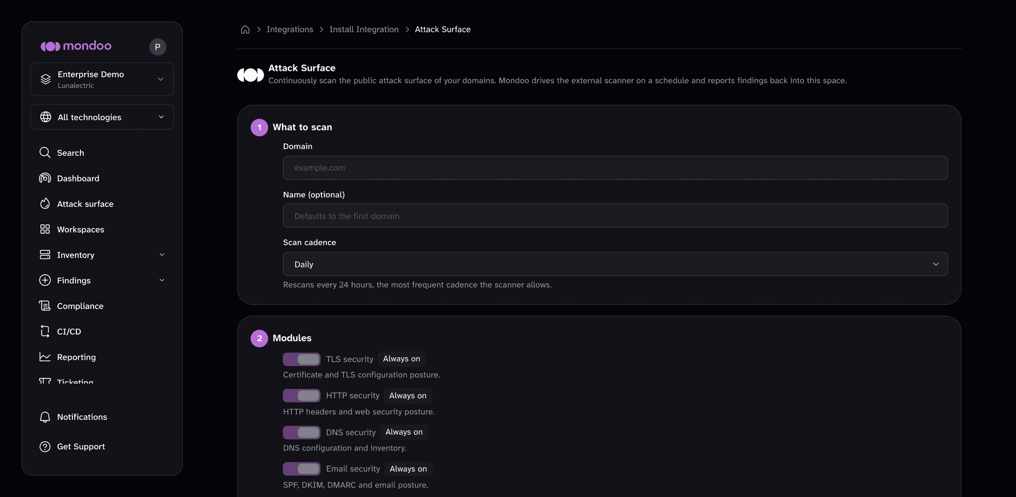 The Attack Surface setup page with the What to scan and Modules sections