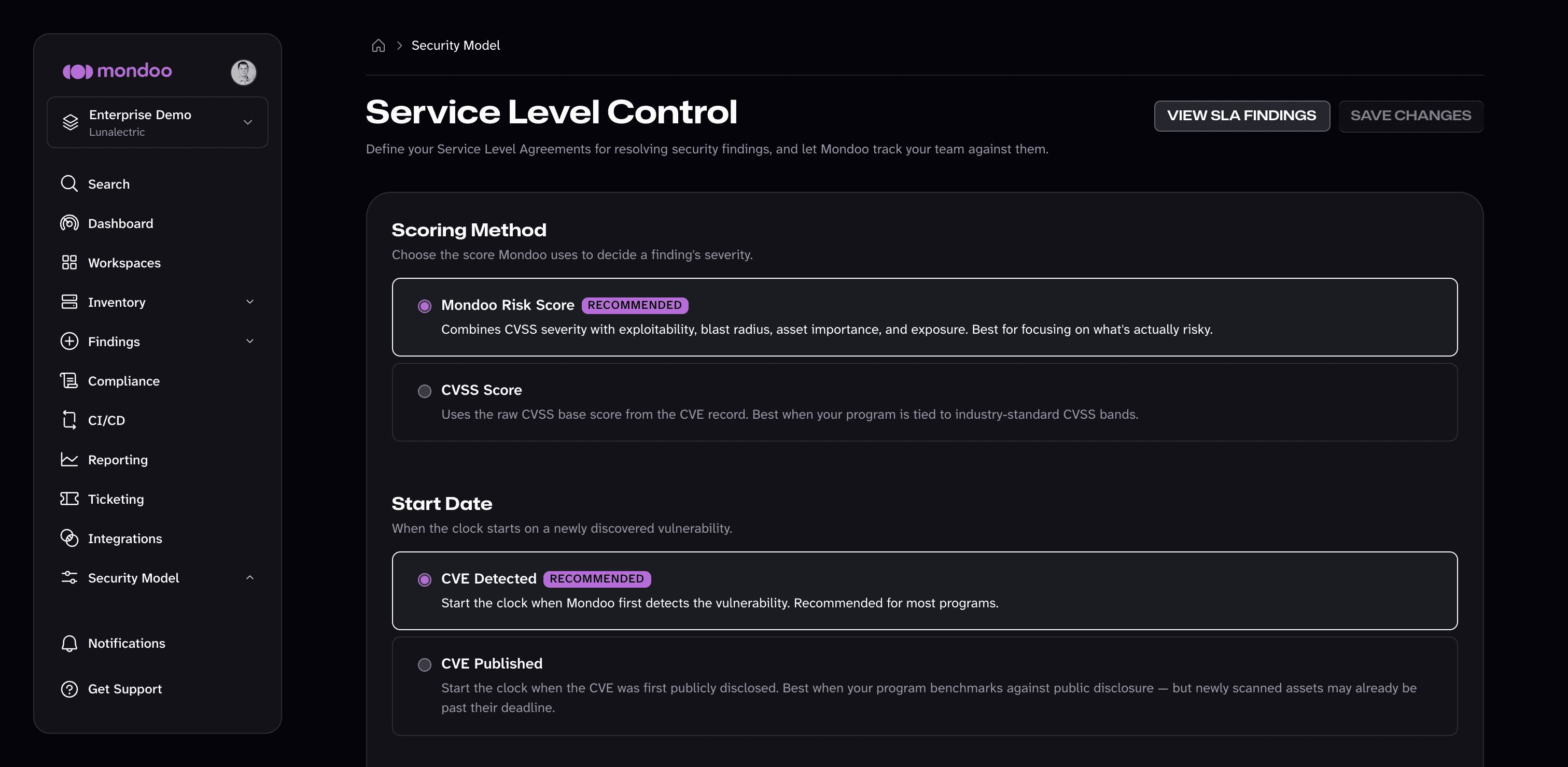 Service Level Control page in the Mondoo App, showing the Scoring Method and Start Date settings