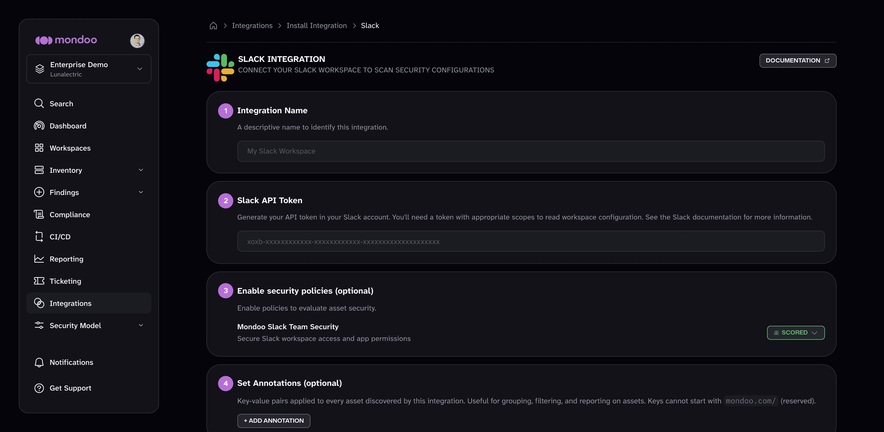 The Slack integration setup form in the Mondoo Console