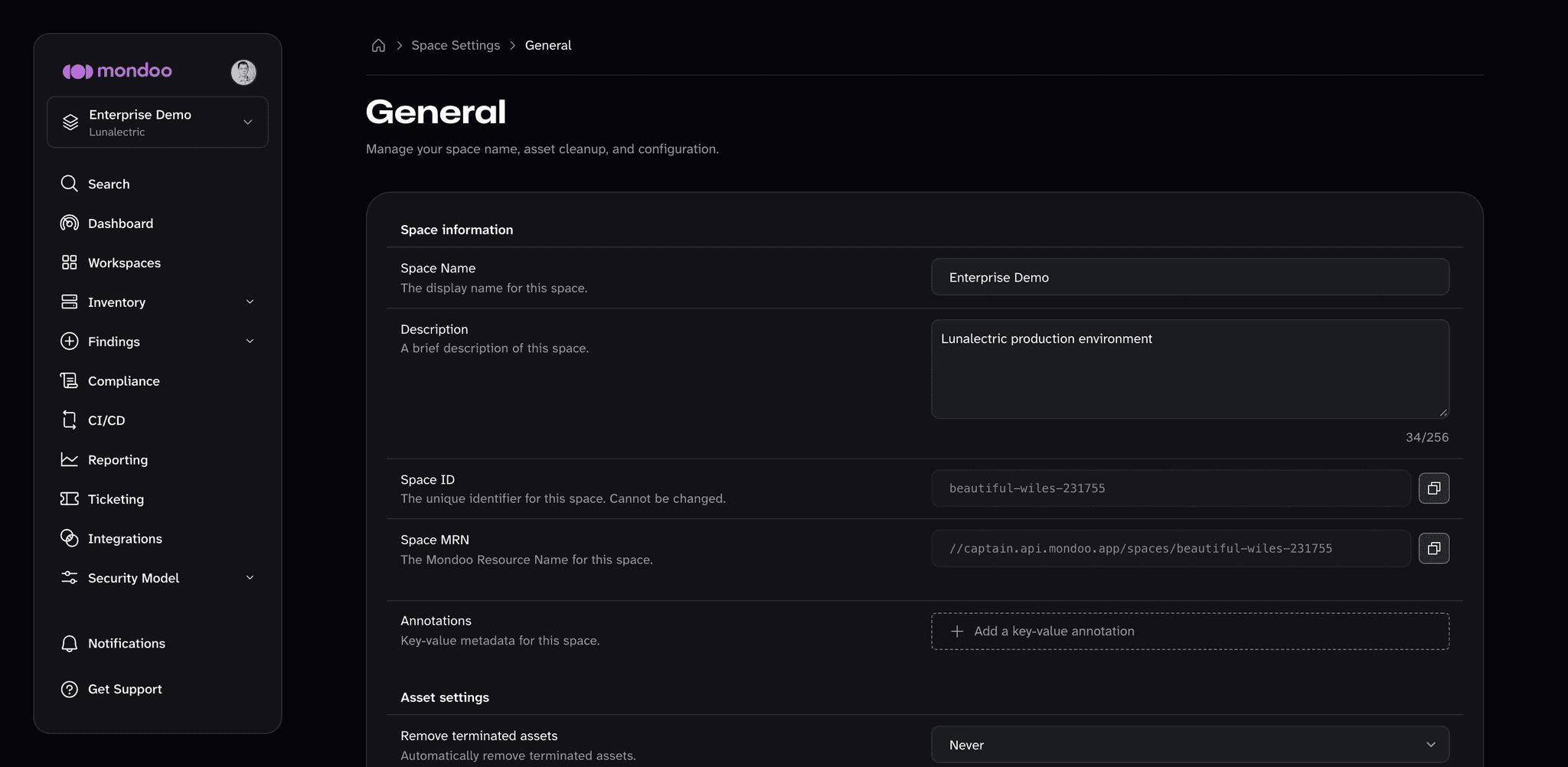 Space General settings in the Mondoo App, showing the Space ID field