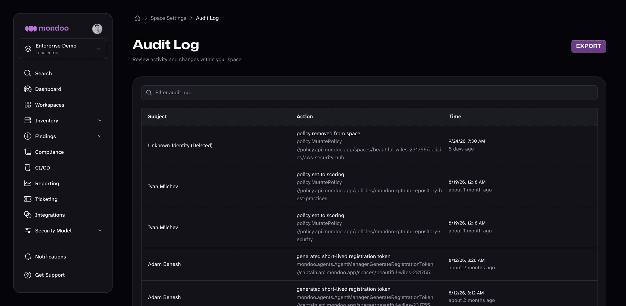 The Audit Log page of a Mondoo space, listing entries with Subject, Action, and Time columns