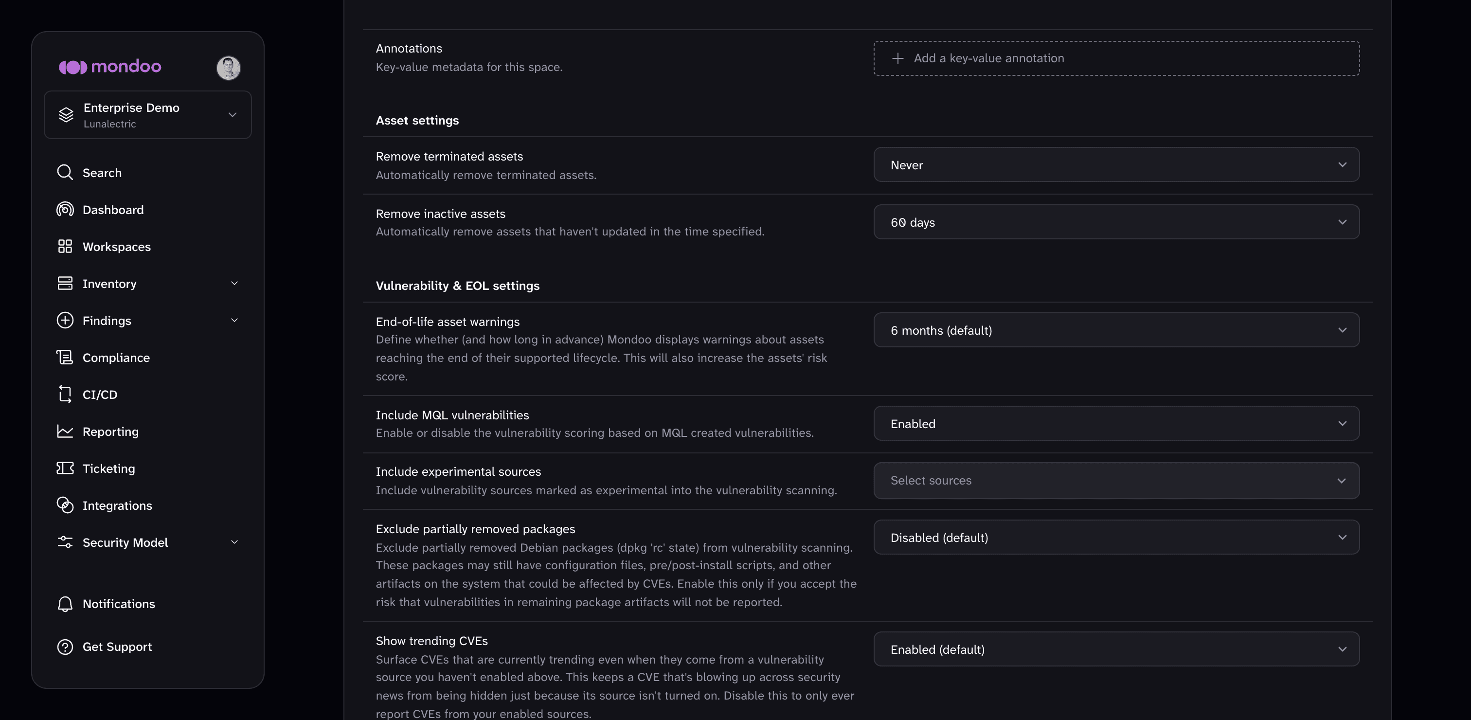 Asset settings on the space General settings page in the Mondoo App, showing the Remove terminated assets and Remove inactive assets drop-downs