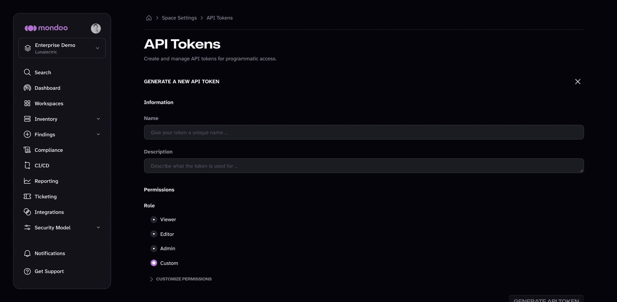 The Generate a new API token form in the Mondoo App, with name, description, and a Role choice of Viewer, Editor, Admin, or Custom