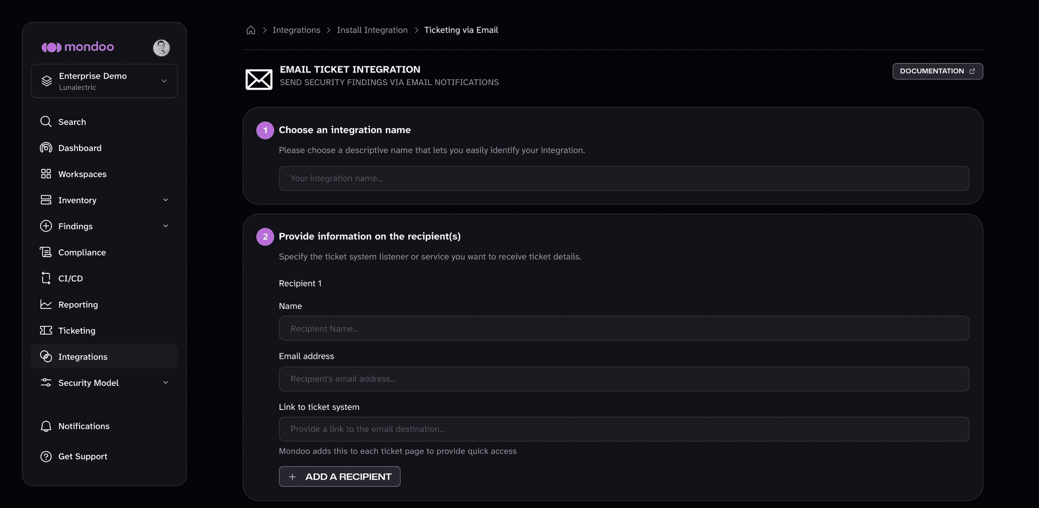The email ticket integration setup page in the Mondoo App