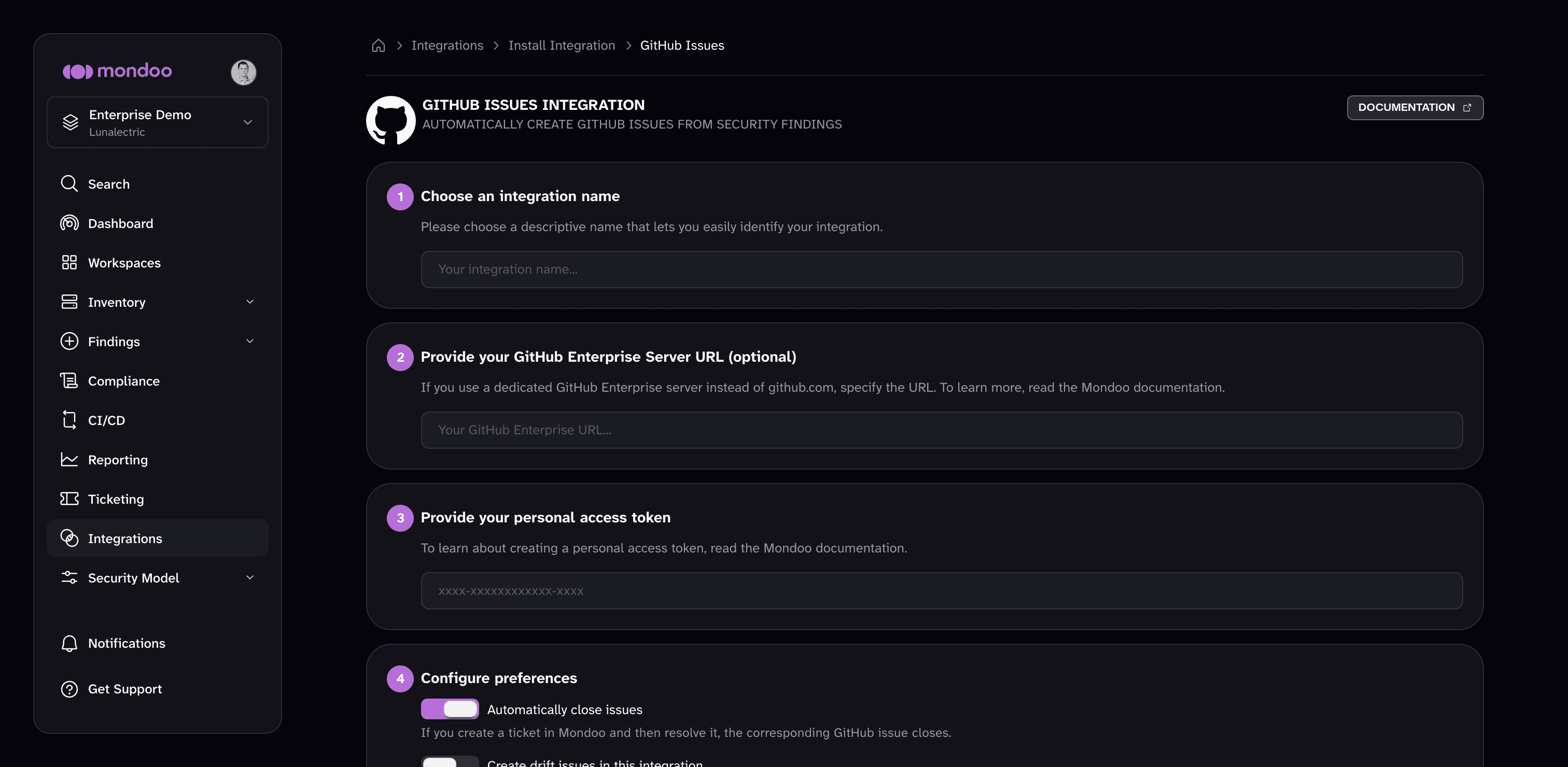The GitHub Issues integration setup page in the Mondoo App