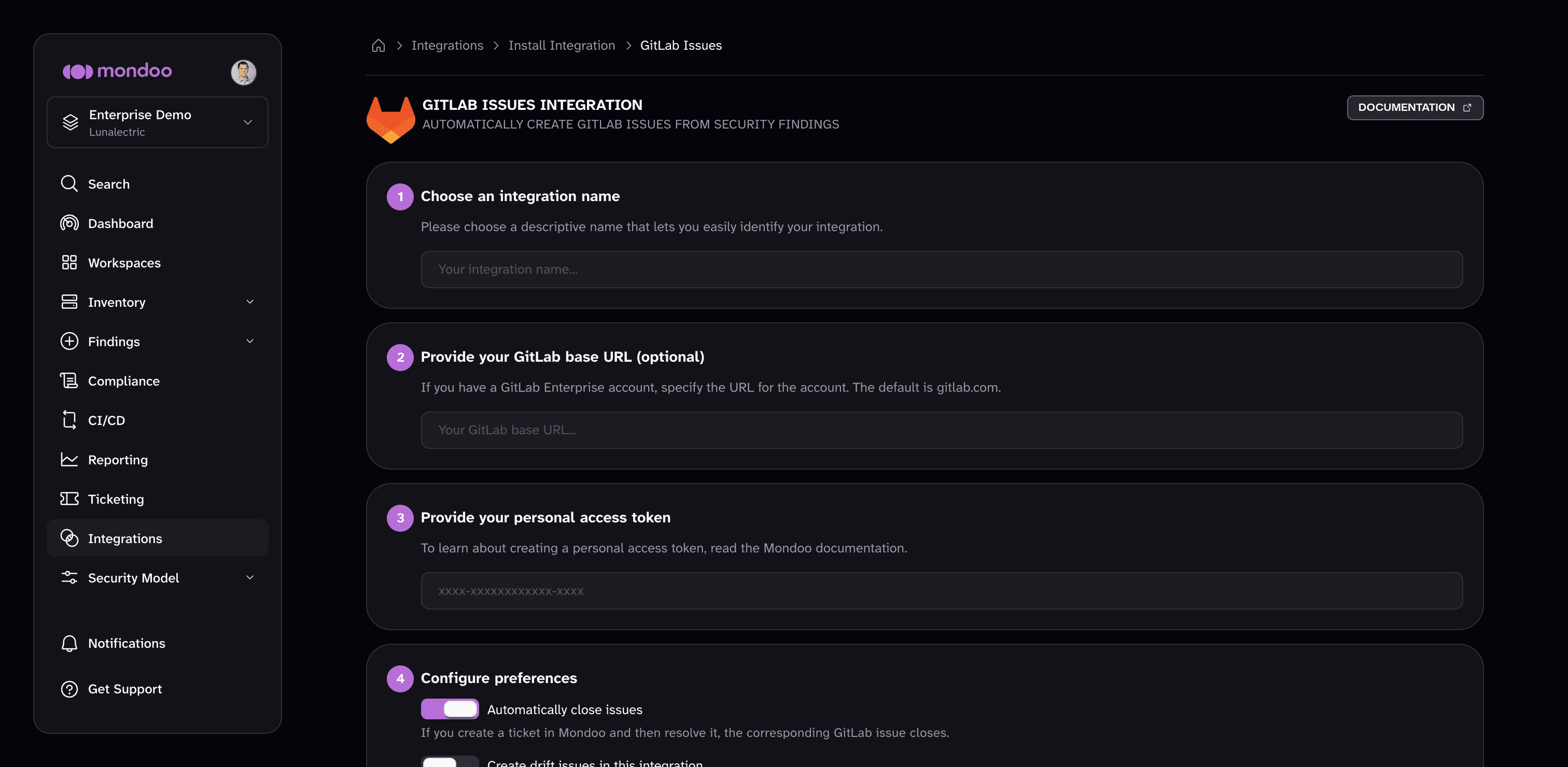 The GitLab Issues integration setup page in the Mondoo App