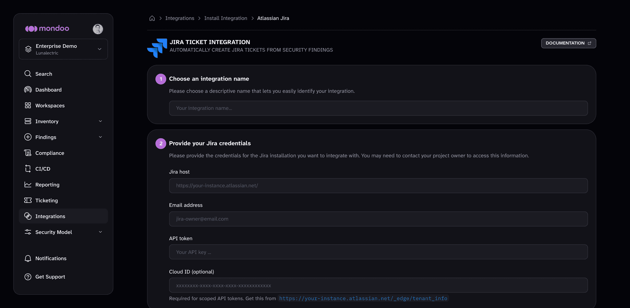 The Jira ticket integration setup page in the Mondoo App