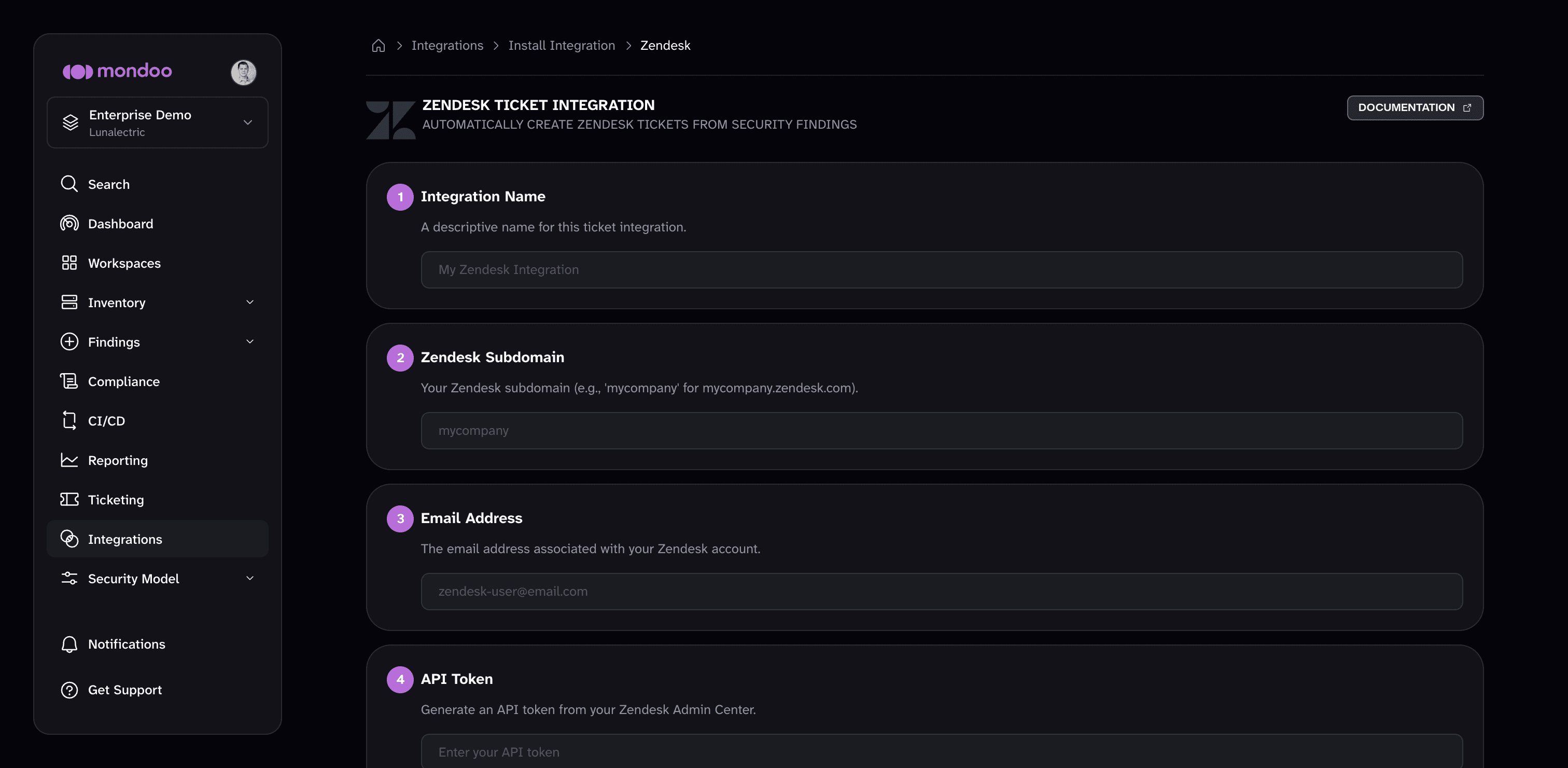 The Zendesk ticket integration setup page in the Mondoo App