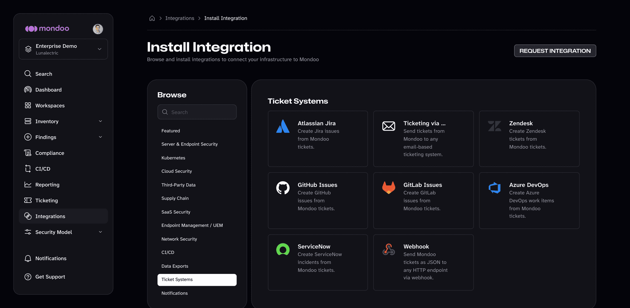 The Ticket Systems category of the Install Integration page in the Mondoo App