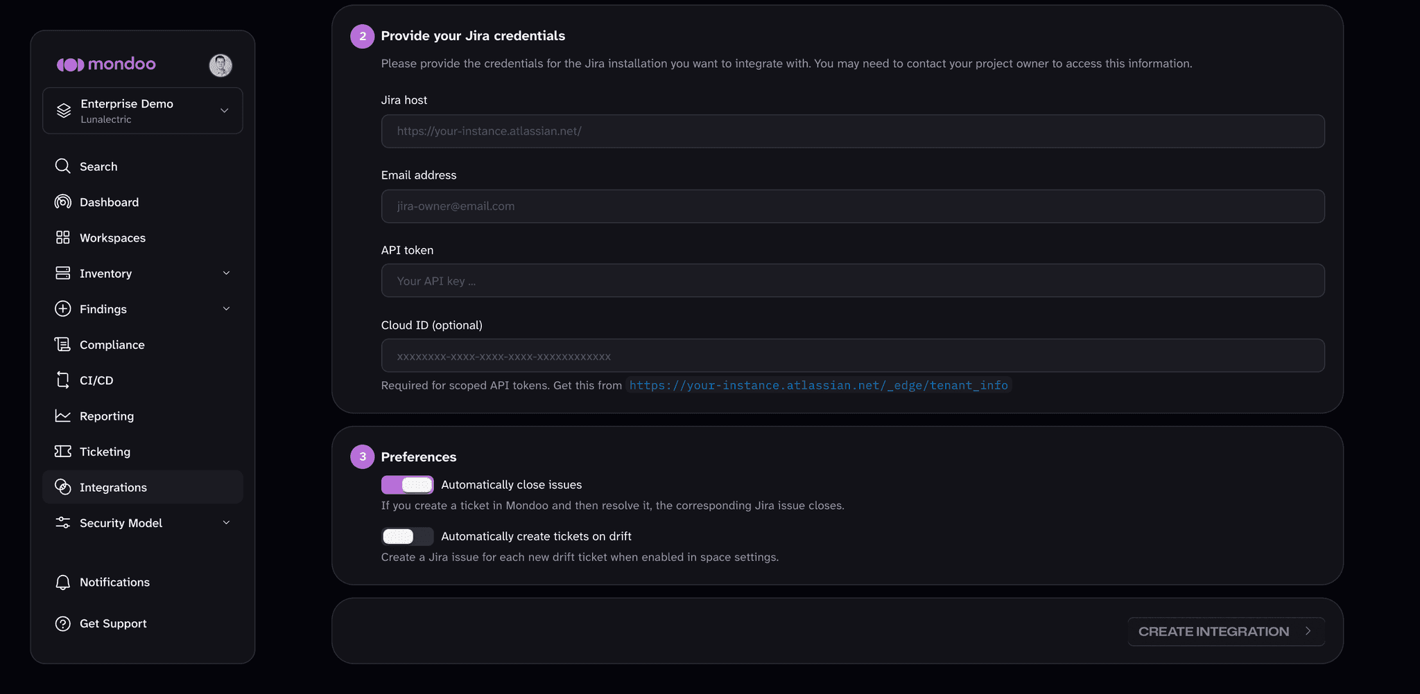 The Preferences section of the Jira ticket integration setup page in the Mondoo App