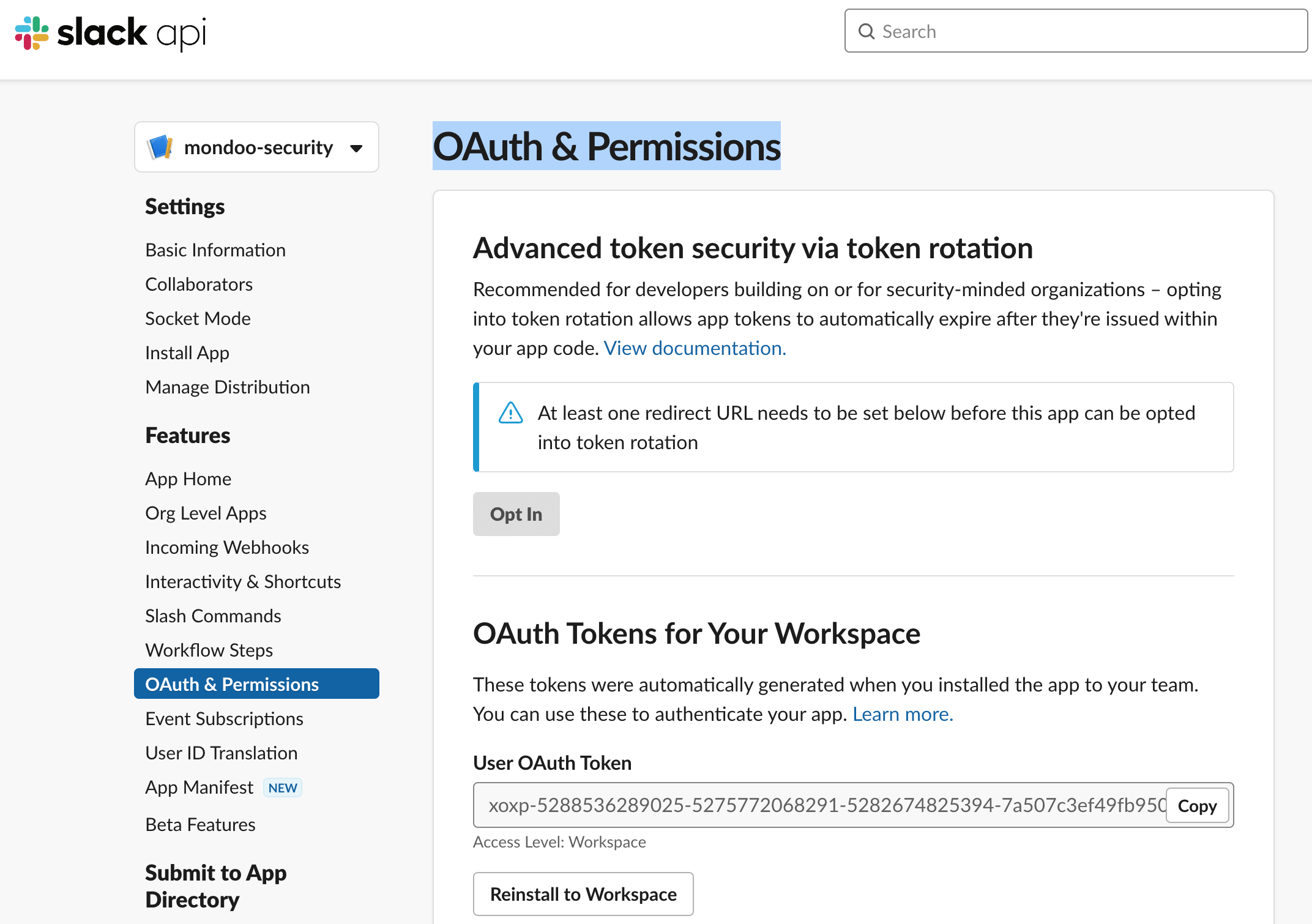 Slack OAuth token