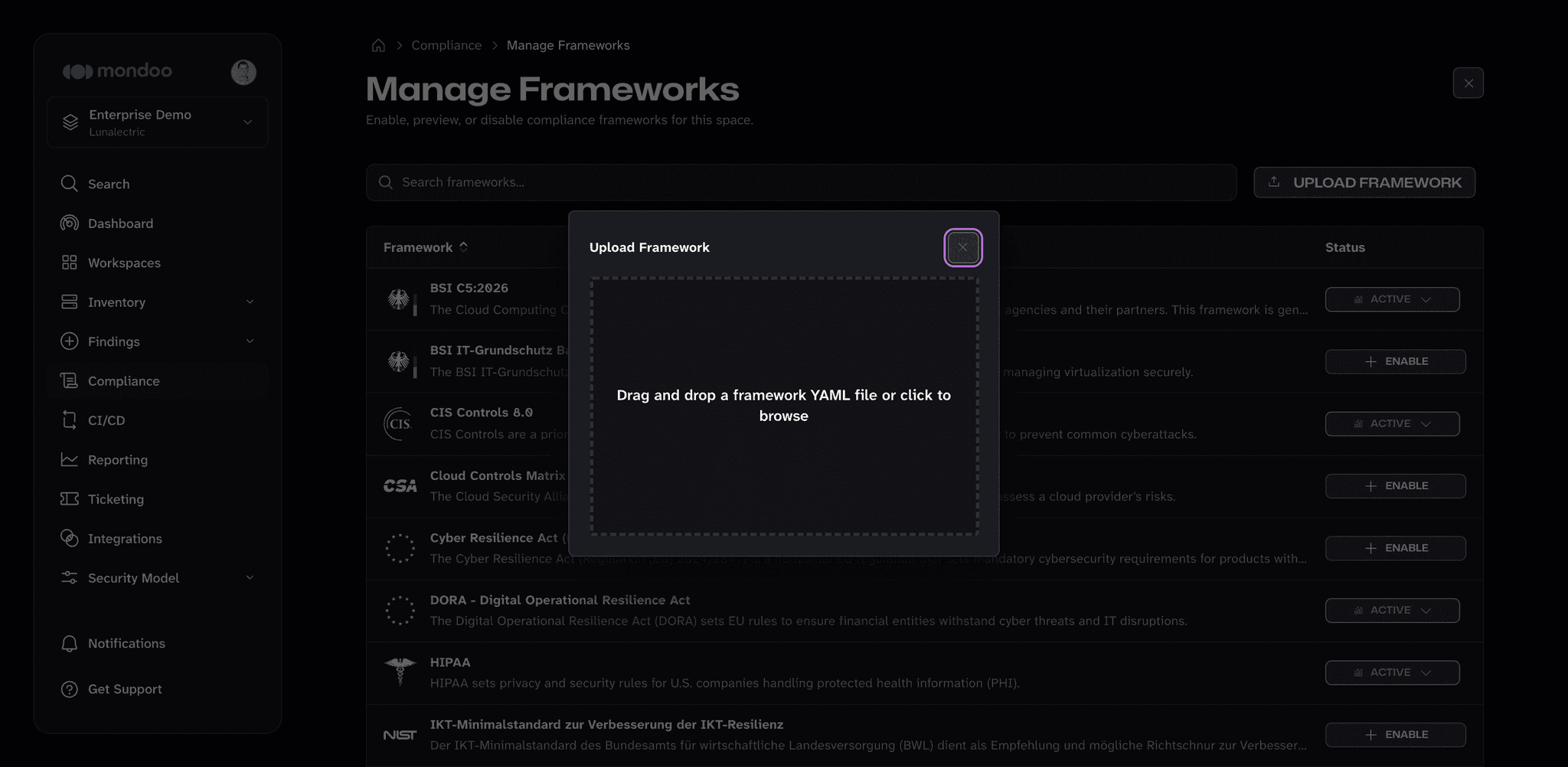 The Upload Framework dialog accepts a framework YAML file