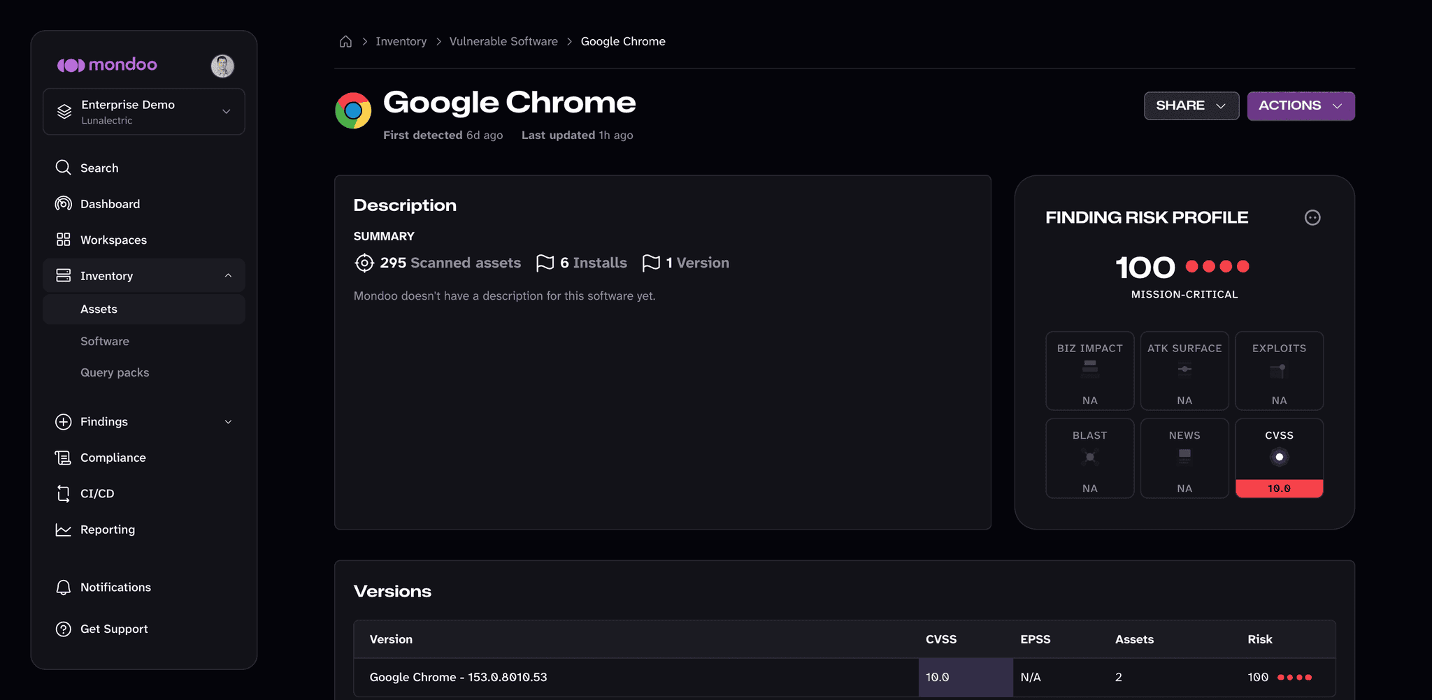 A vulnerable software detail page in the Mondoo App