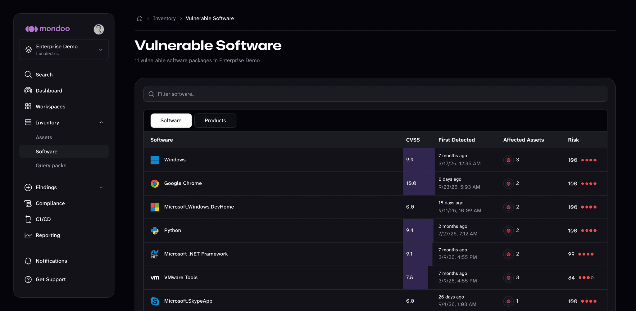 The Vulnerable Software page in the Mondoo App