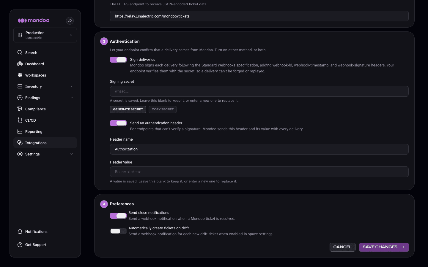 Saved authentication settings for a webhook ticketing integration in Mondoo
