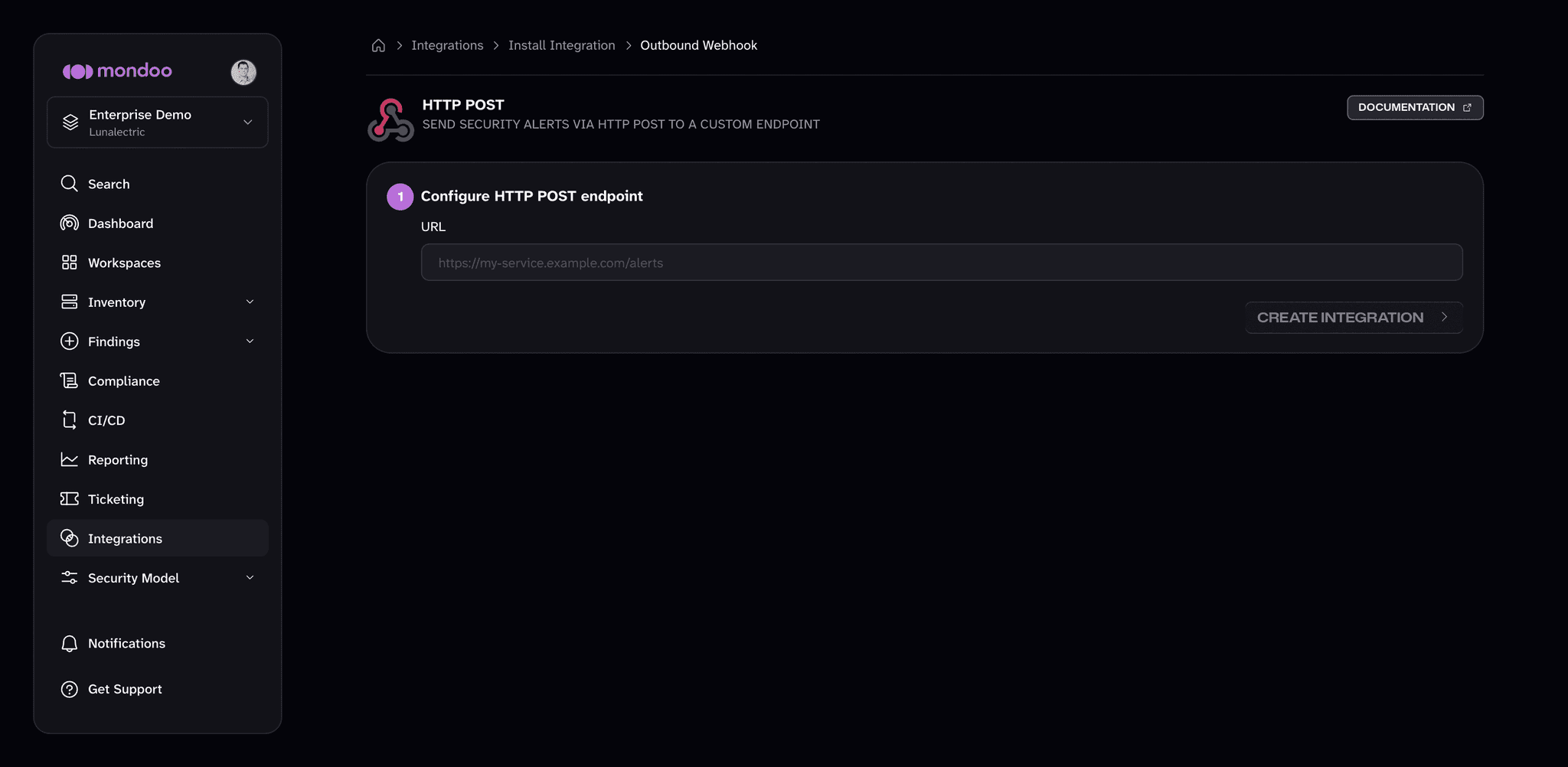 The HTTP POST setup page in Mondoo, with a URL box for the endpoint and a Create Integration button