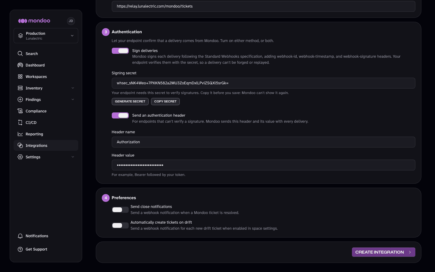Authentication settings for a webhook ticketing integration in Mondoo