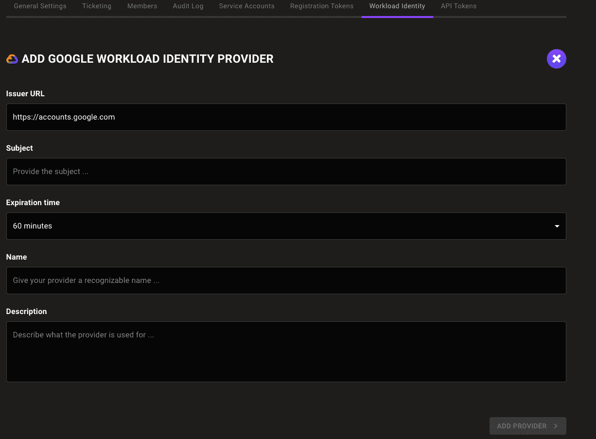 Settings - Workload Identity
