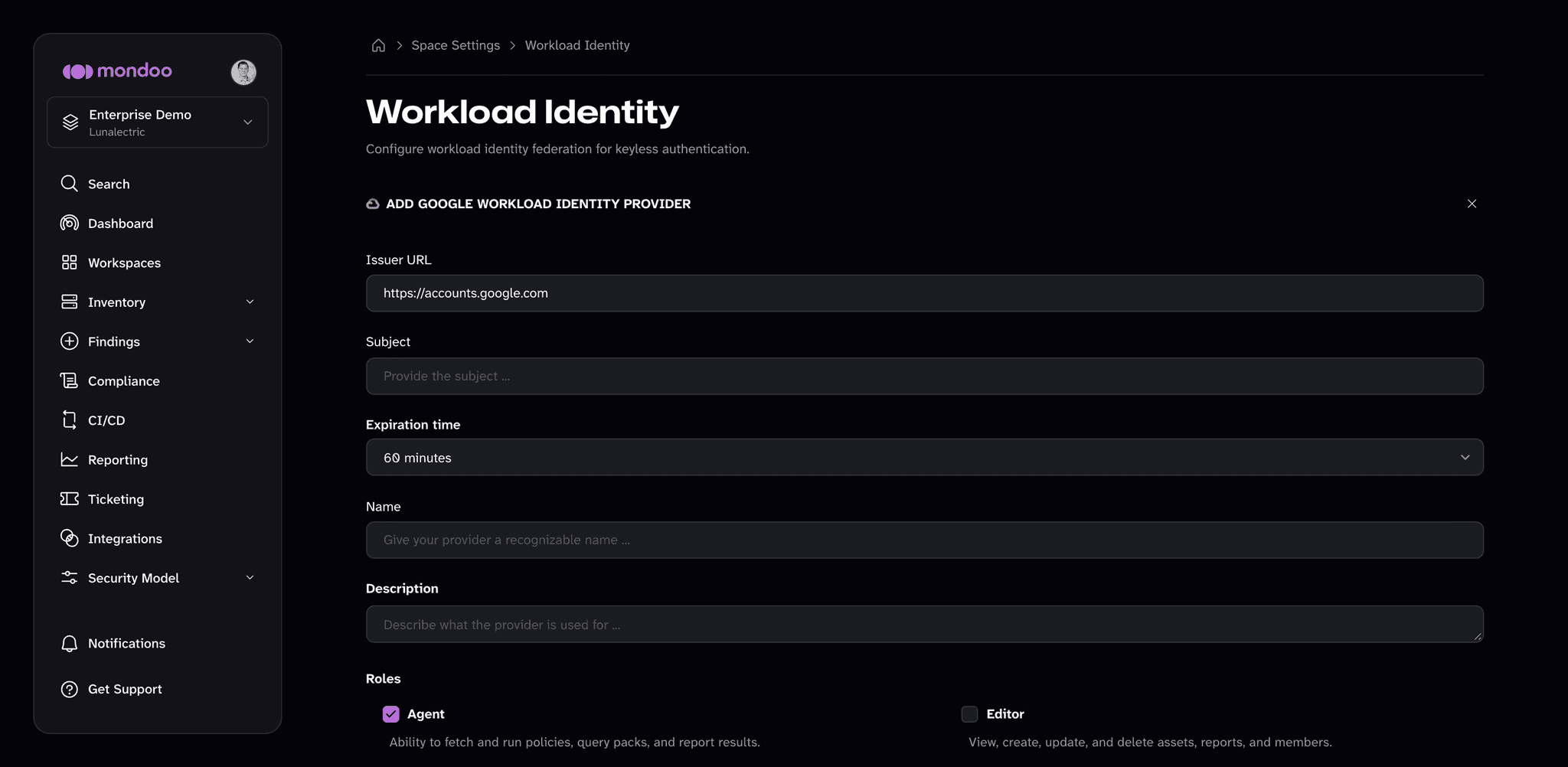 The Add Google workload identity provider form in the Mondoo App, with issuer URL, subject, expiration time, name, description, and roles